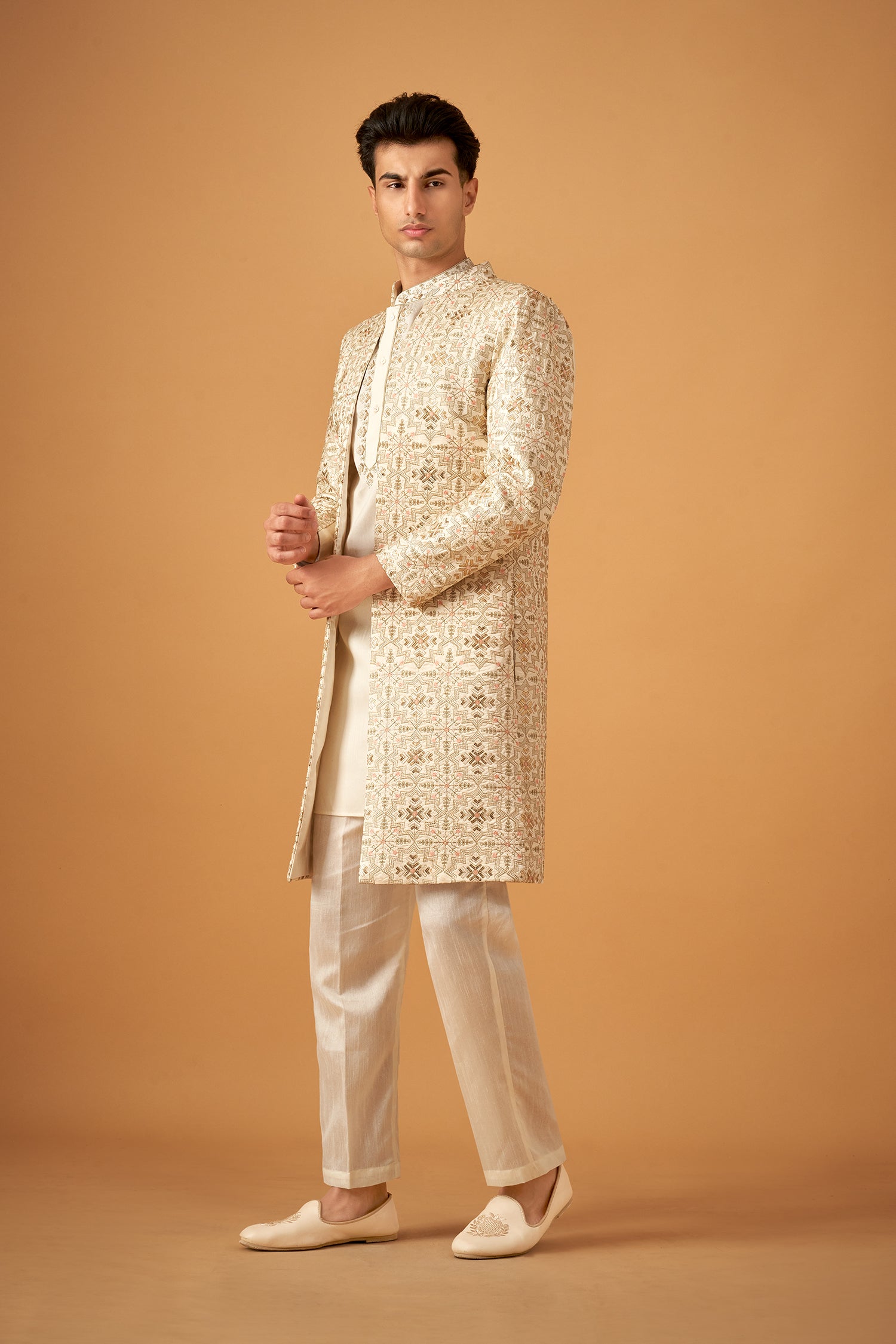 Cream Color Embroidered Sherwani Jacket And Kurta Set