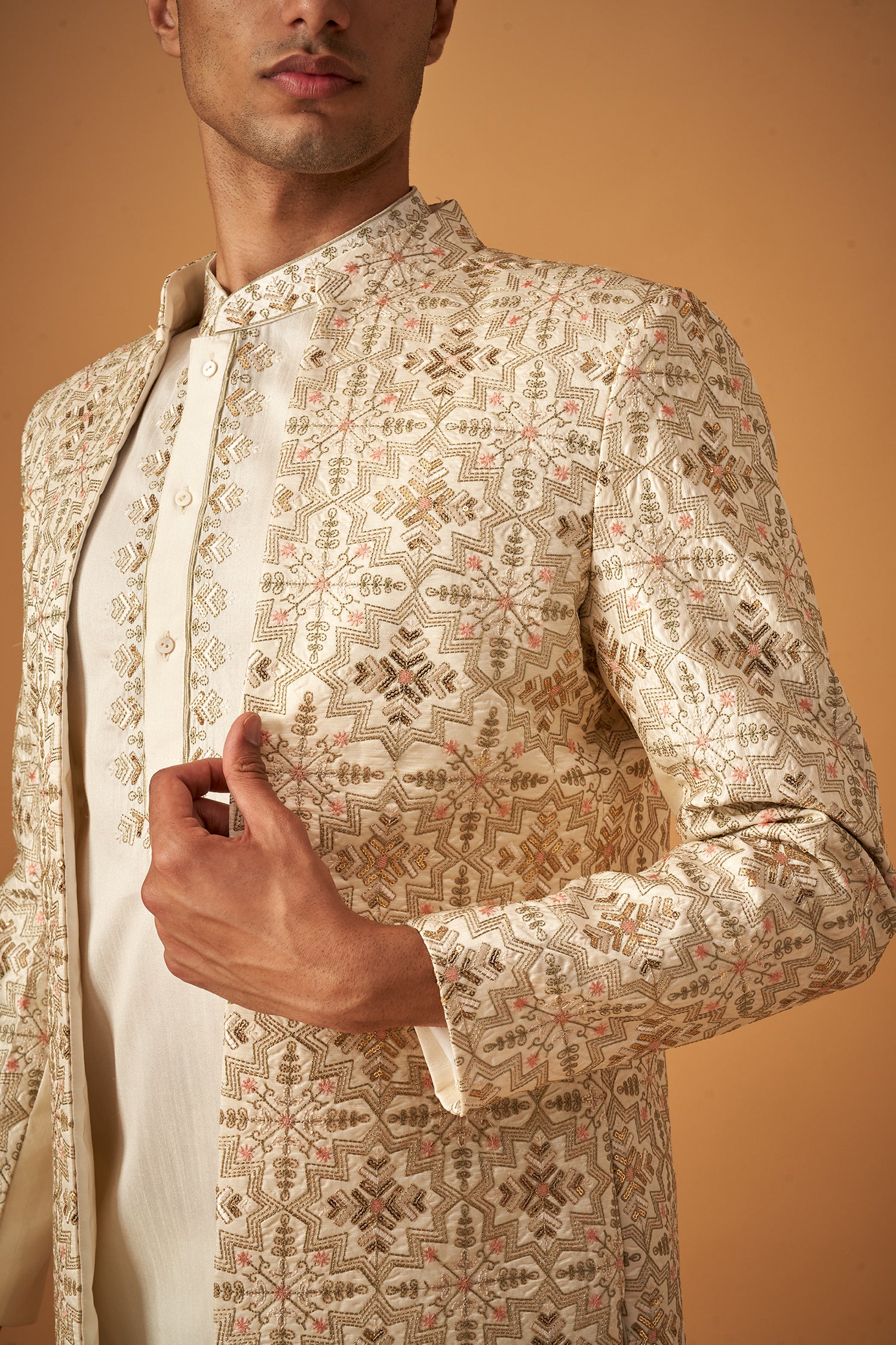 Cream Color Embroidered Sherwani Jacket And Kurta Set