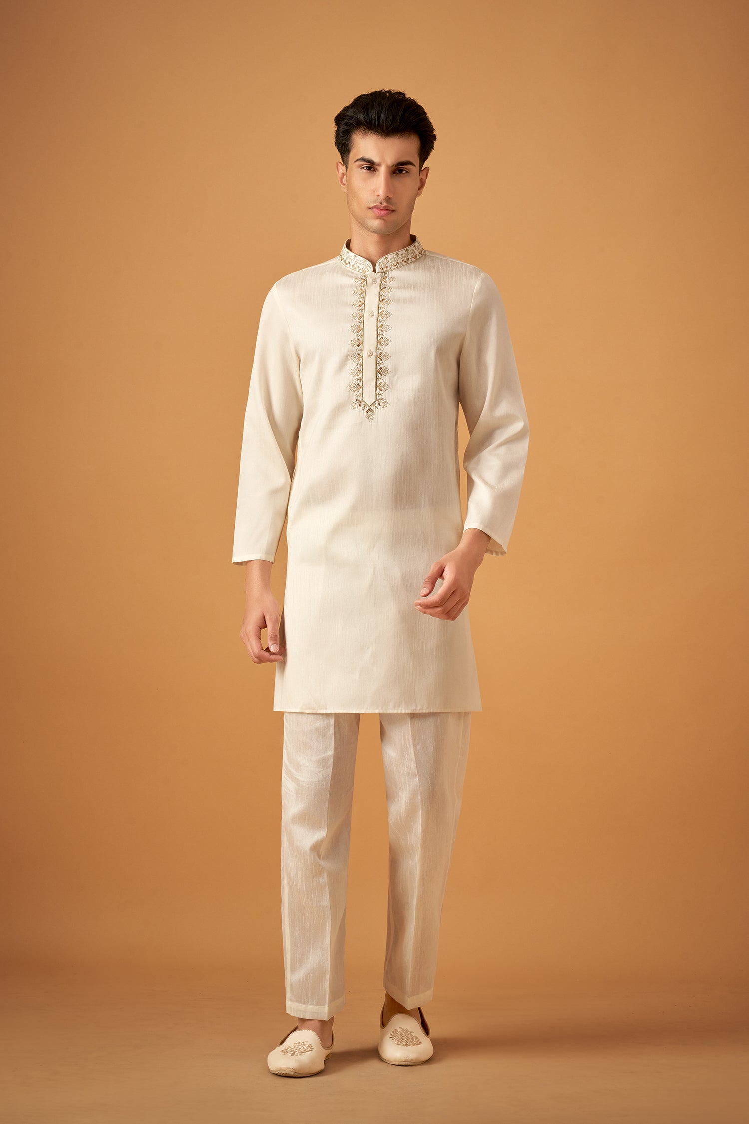 Cream Color Embroidered Sherwani Jacket And Kurta Set