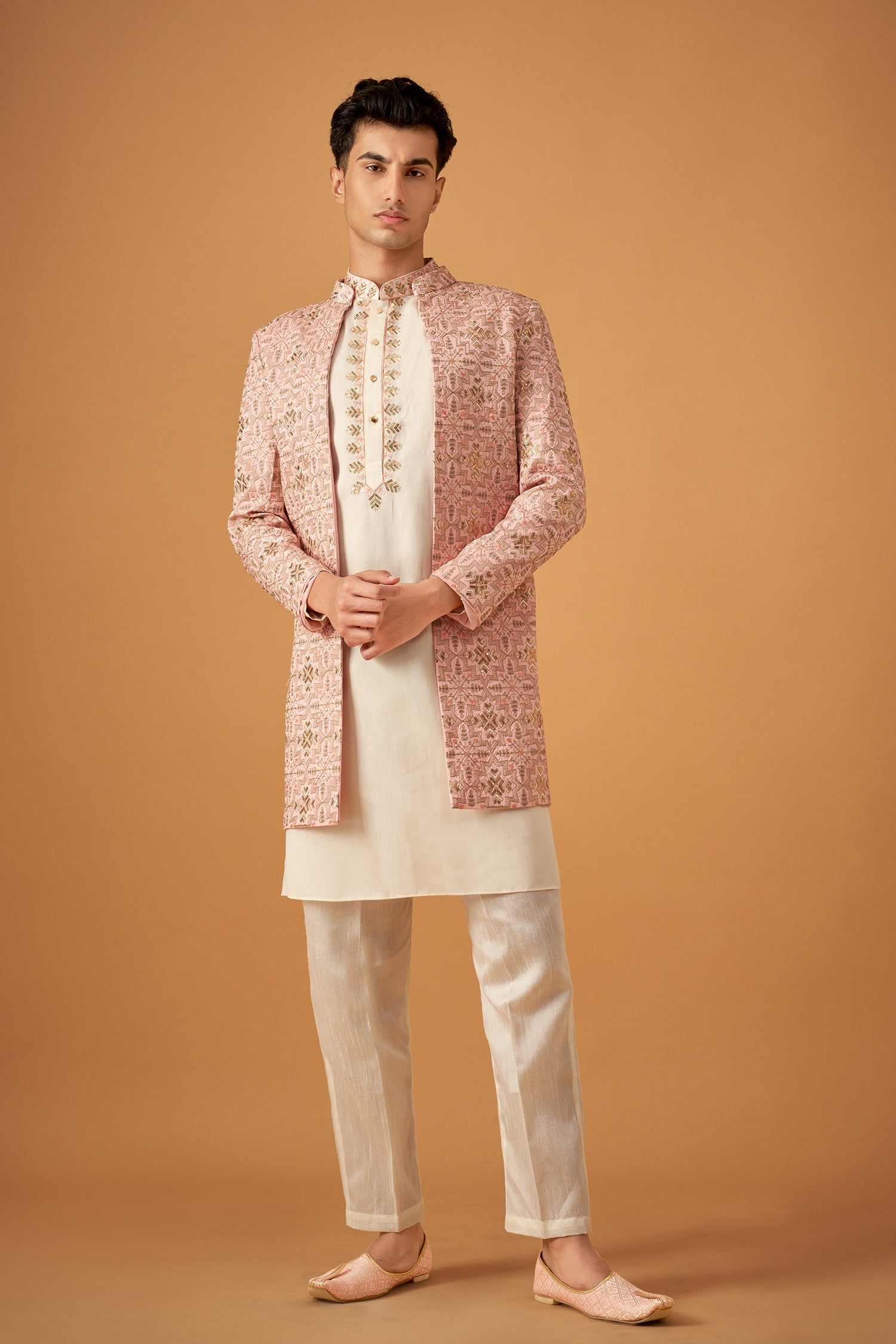 Blush Pink Embroidered Sherwani Jacket And Kurta Set