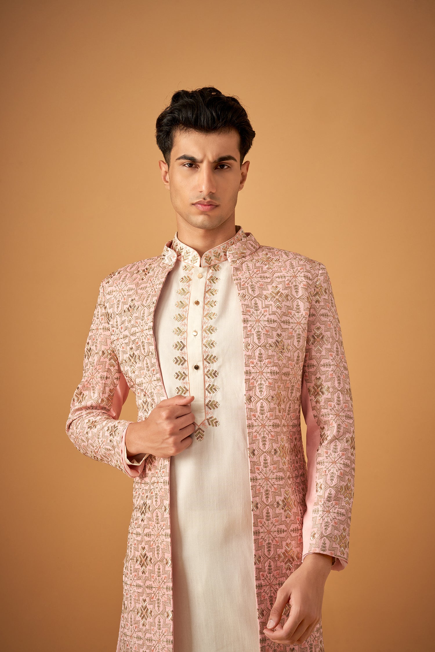 Blush Pink Embroidered Sherwani Jacket And Kurta Set