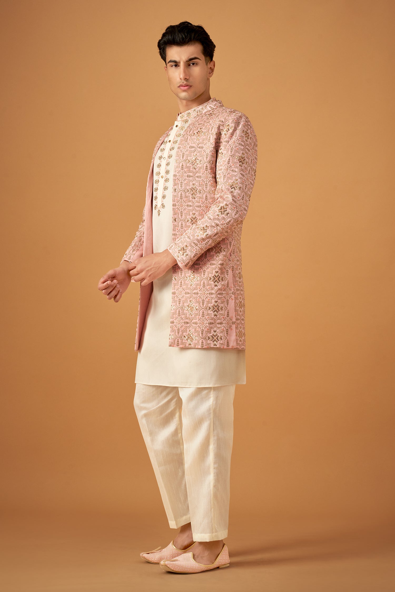 Blush Pink Embroidered Sherwani Jacket And Kurta Set