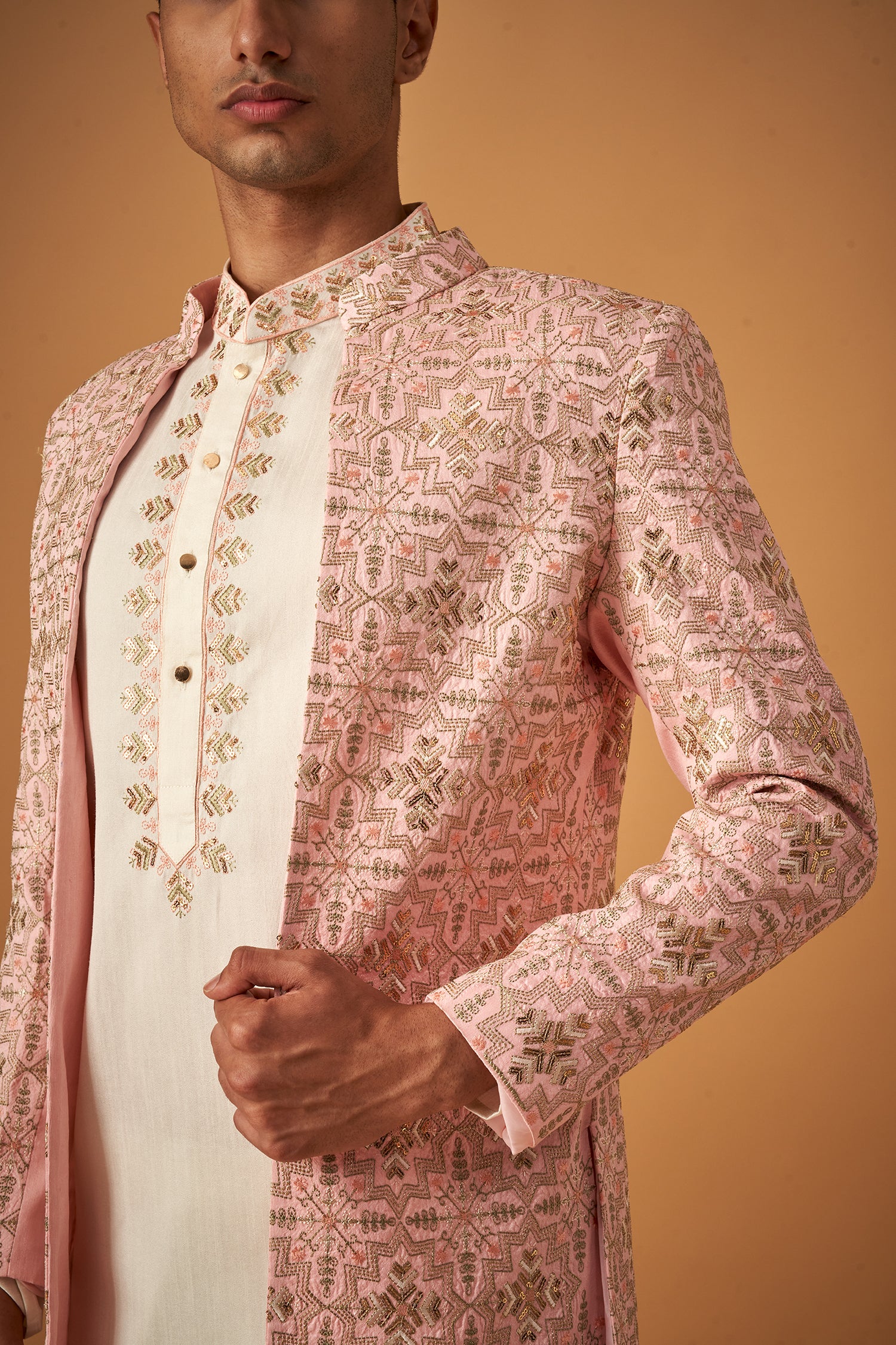 Blush Pink Embroidered Sherwani Jacket And Kurta Set