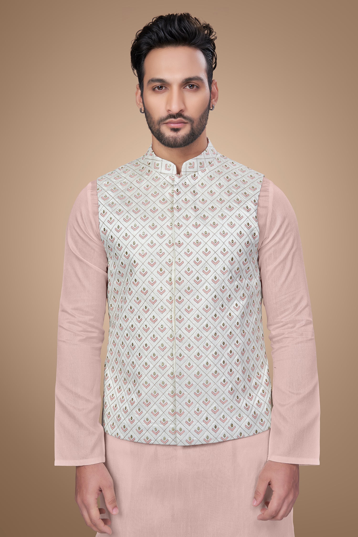 White Geometric-Patterned Embroidery Jacket