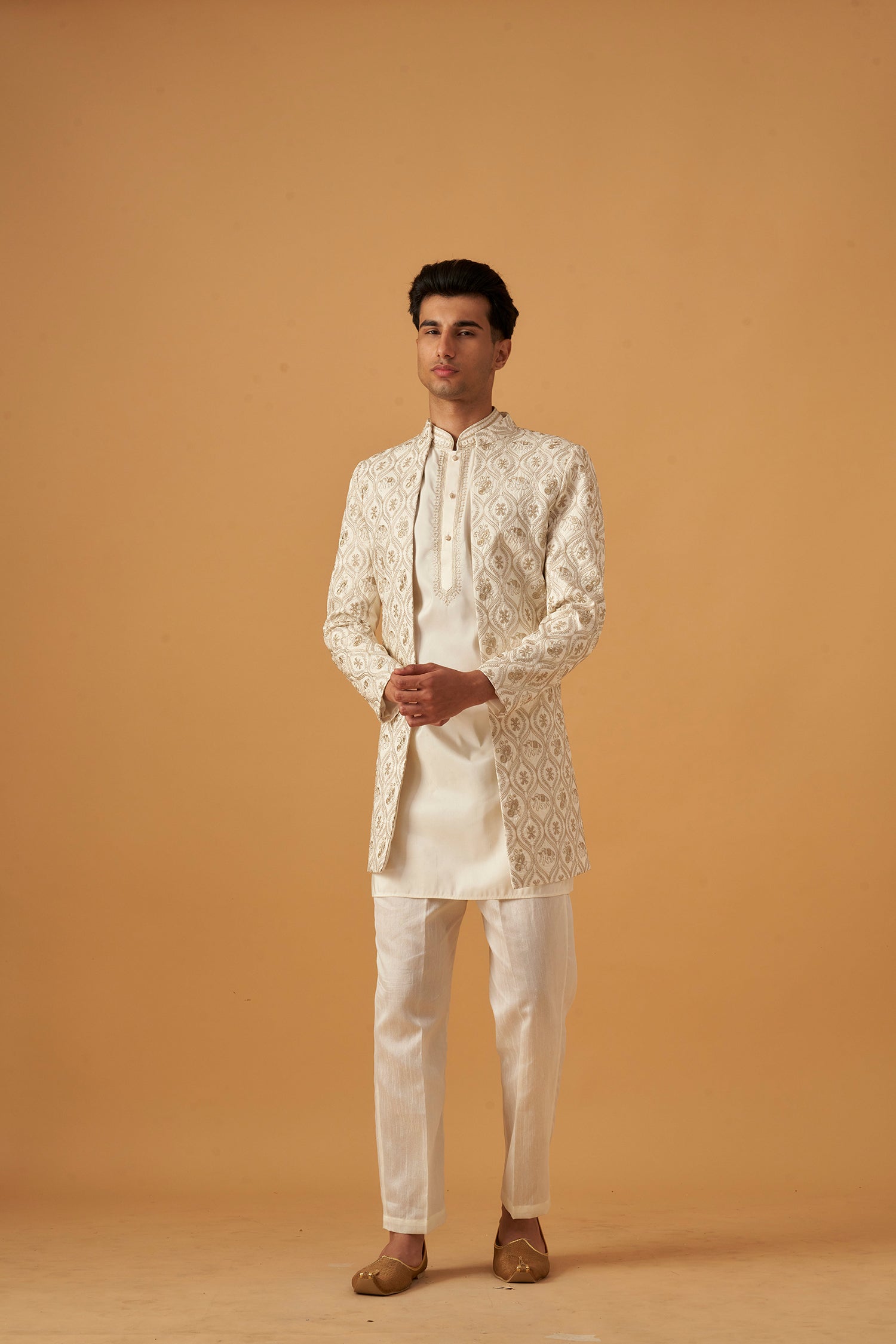 Offwhite Embroidered Sherwani Jacket And Kurta Set