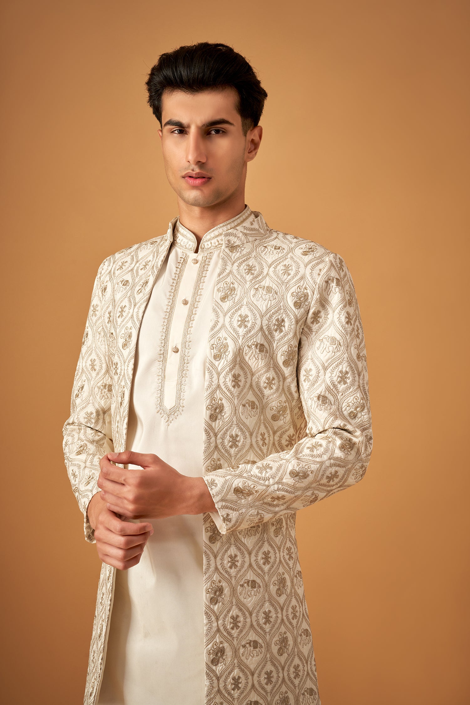Offwhite Embroidered Sherwani Jacket And Kurta Set