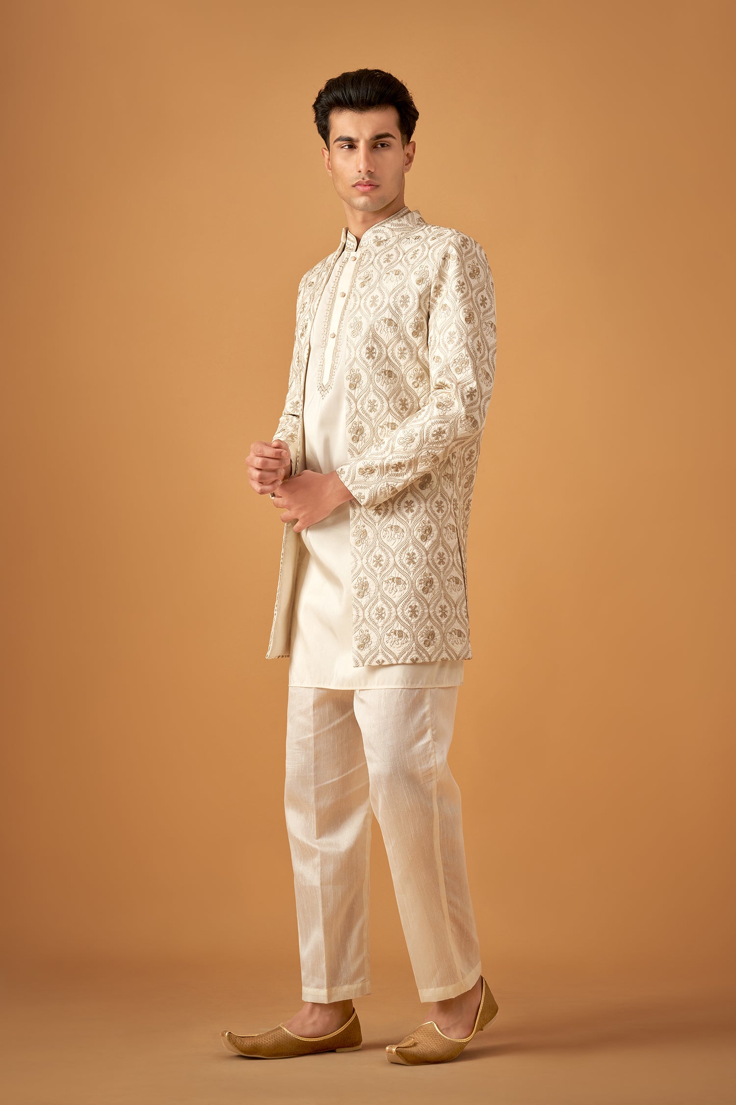 Offwhite Embroidered Sherwani Jacket And Kurta Set
