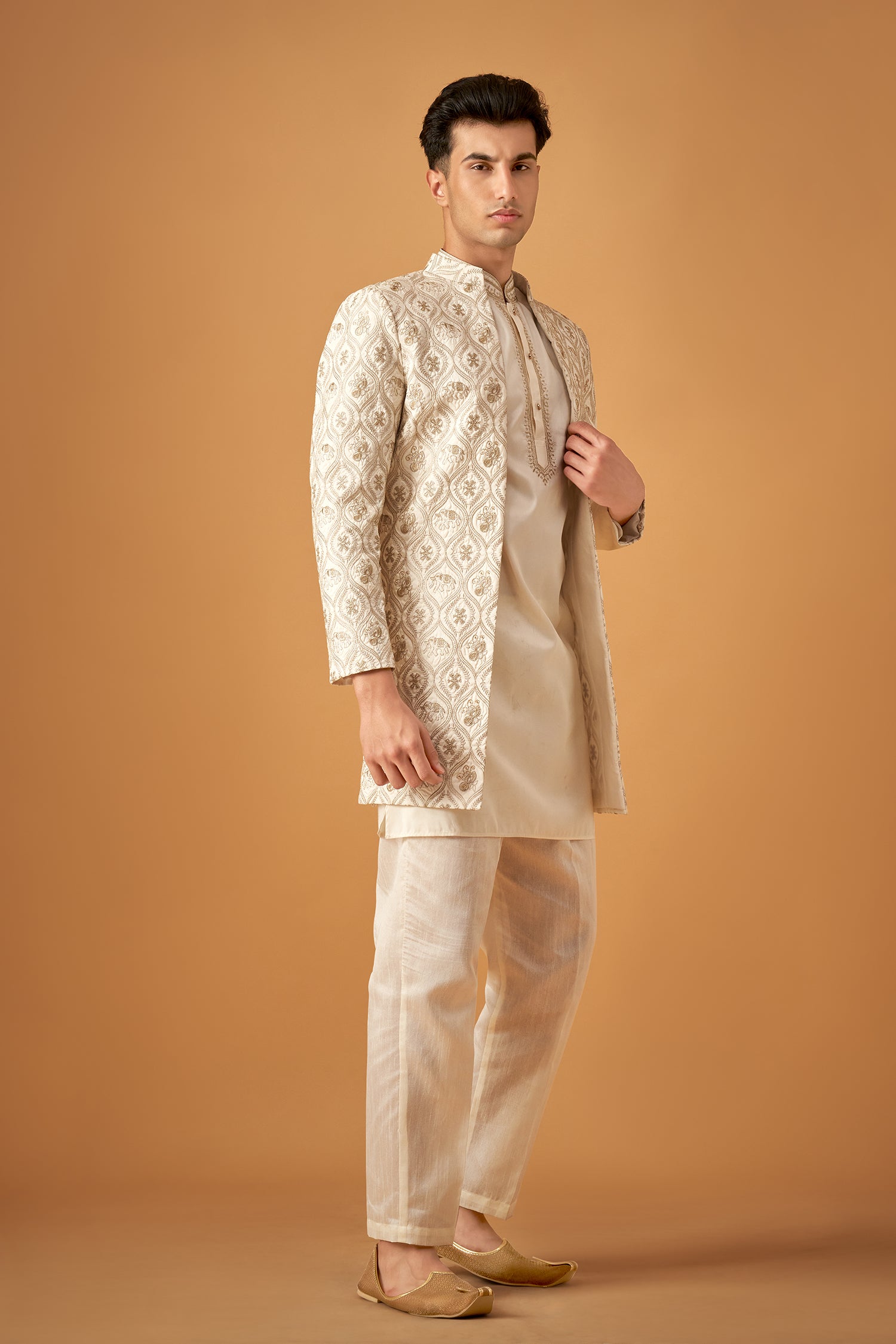 Offwhite Embroidered Sherwani Jacket And Kurta Set