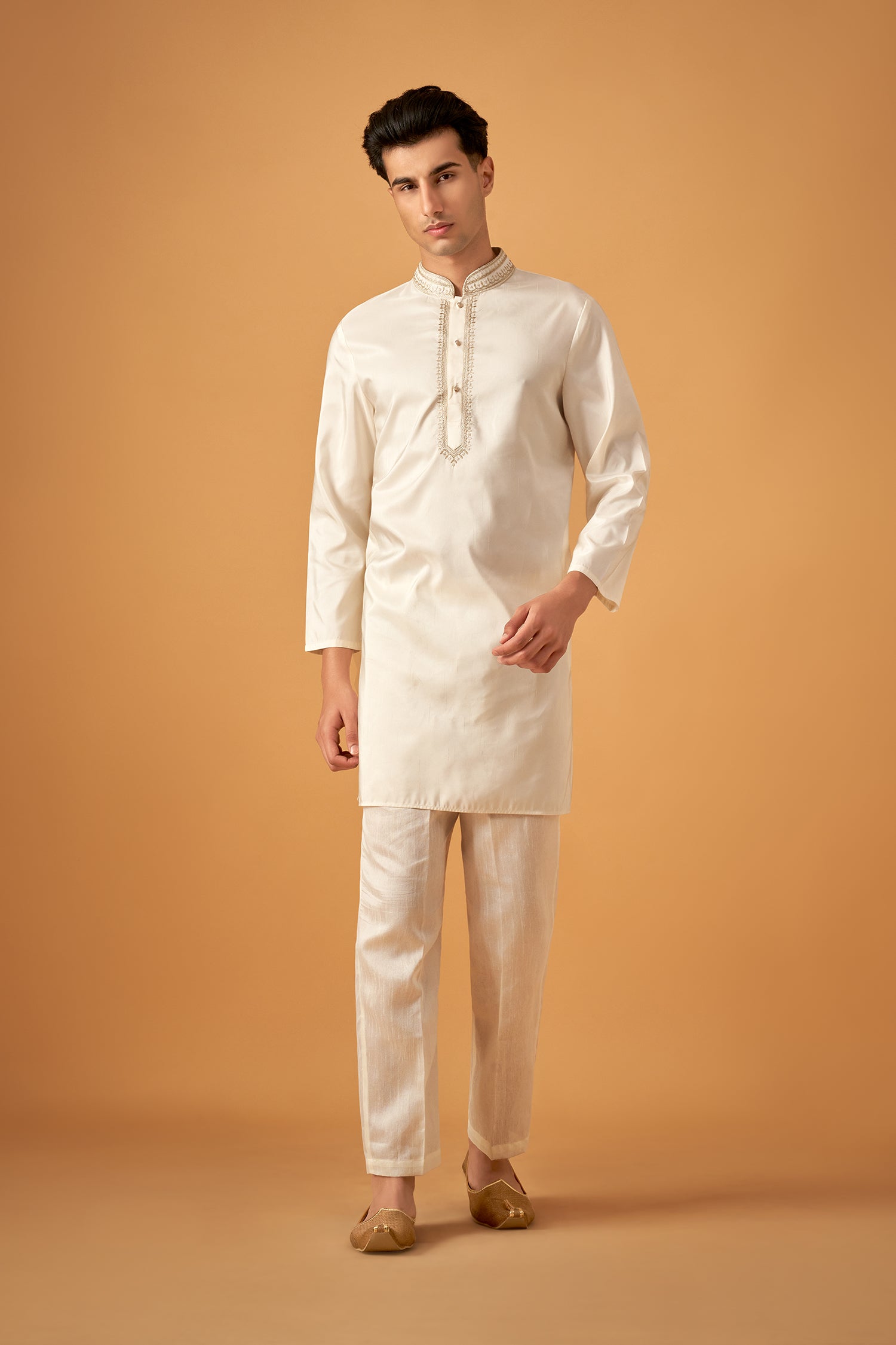 Offwhite Embroidered Sherwani Jacket And Kurta Set