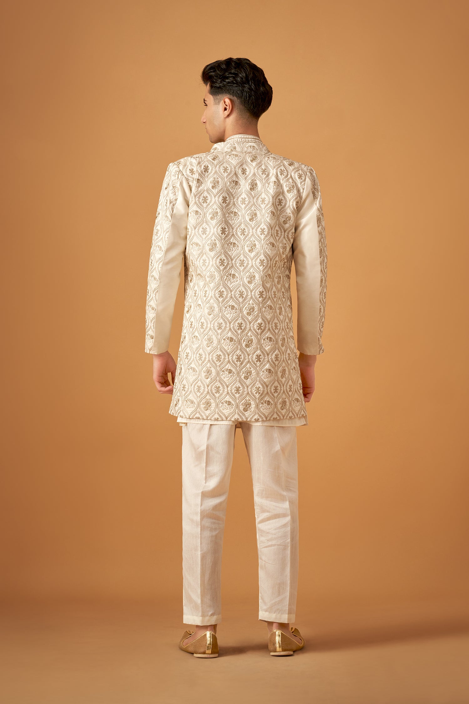 Offwhite Embroidered Sherwani Jacket And Kurta Set