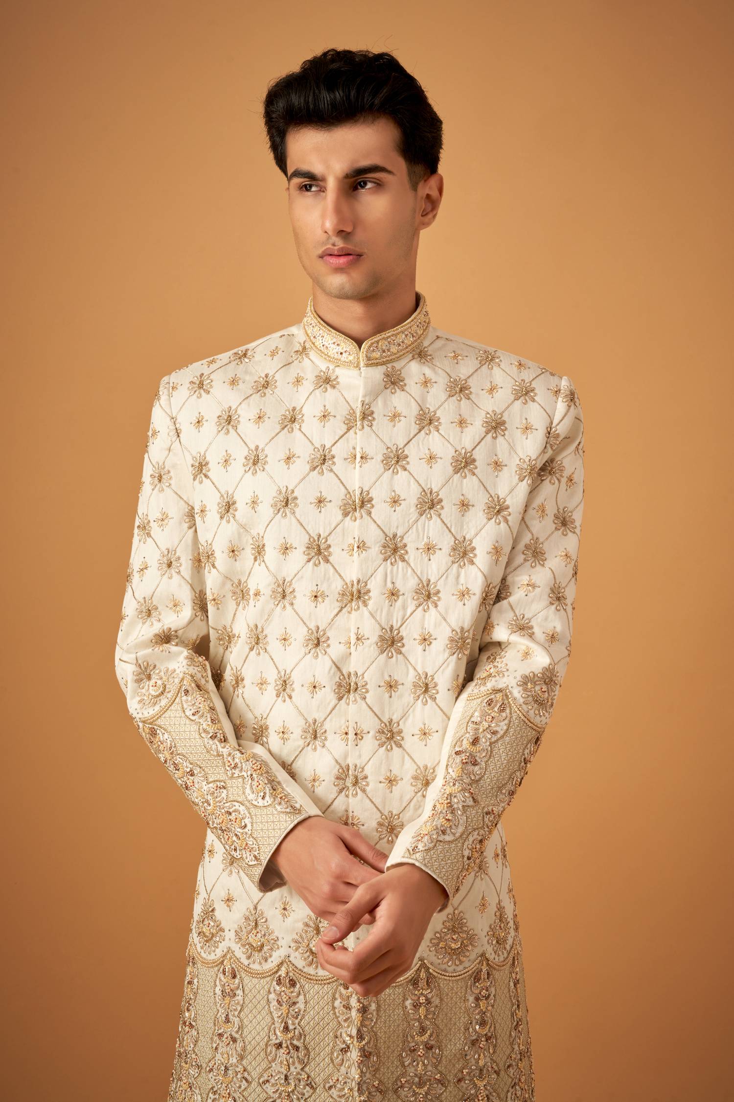 Olive Floral Embroidered Sherwani Set With Hand Work