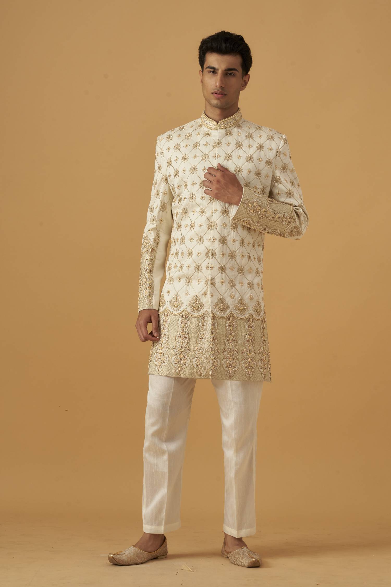 Olive Floral Embroidered Sherwani Set With Hand Work