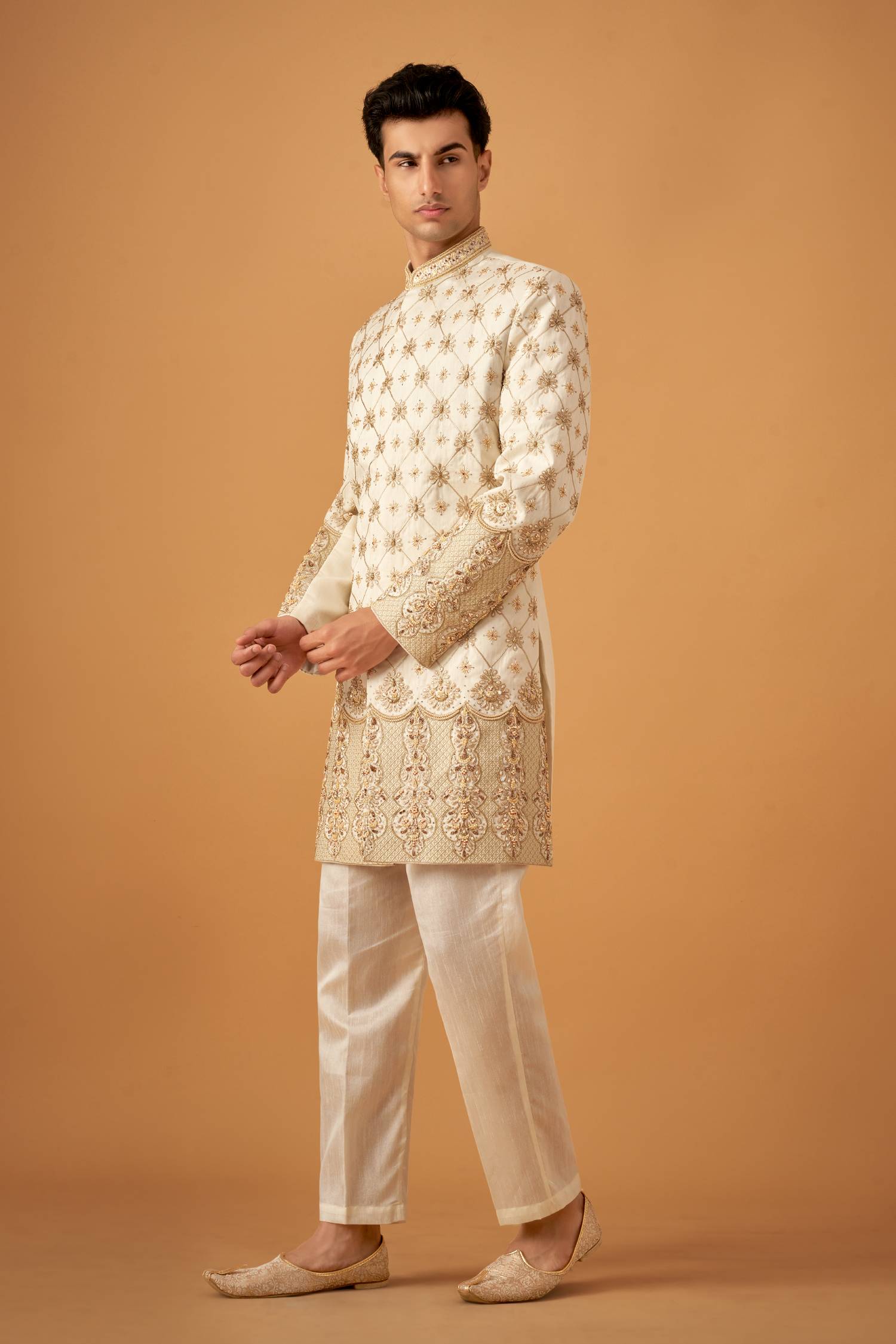 Olive Floral Embroidered Sherwani Set With Hand Work