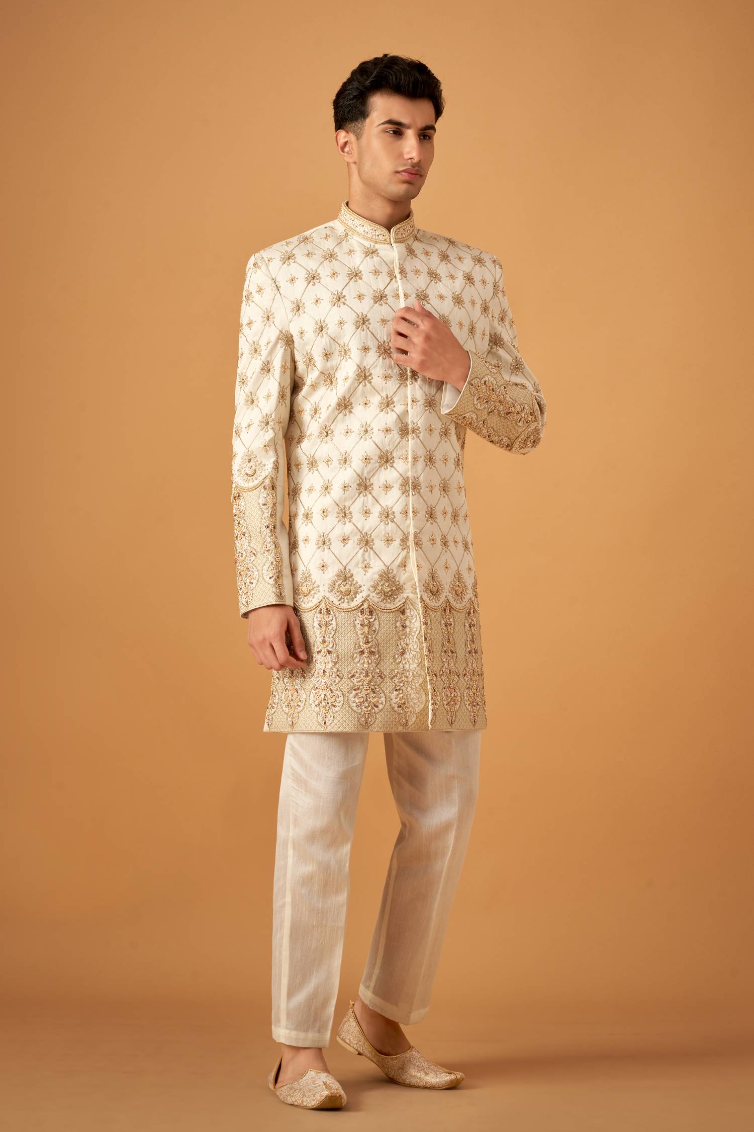Olive Floral Embroidered Sherwani Set With Hand Work