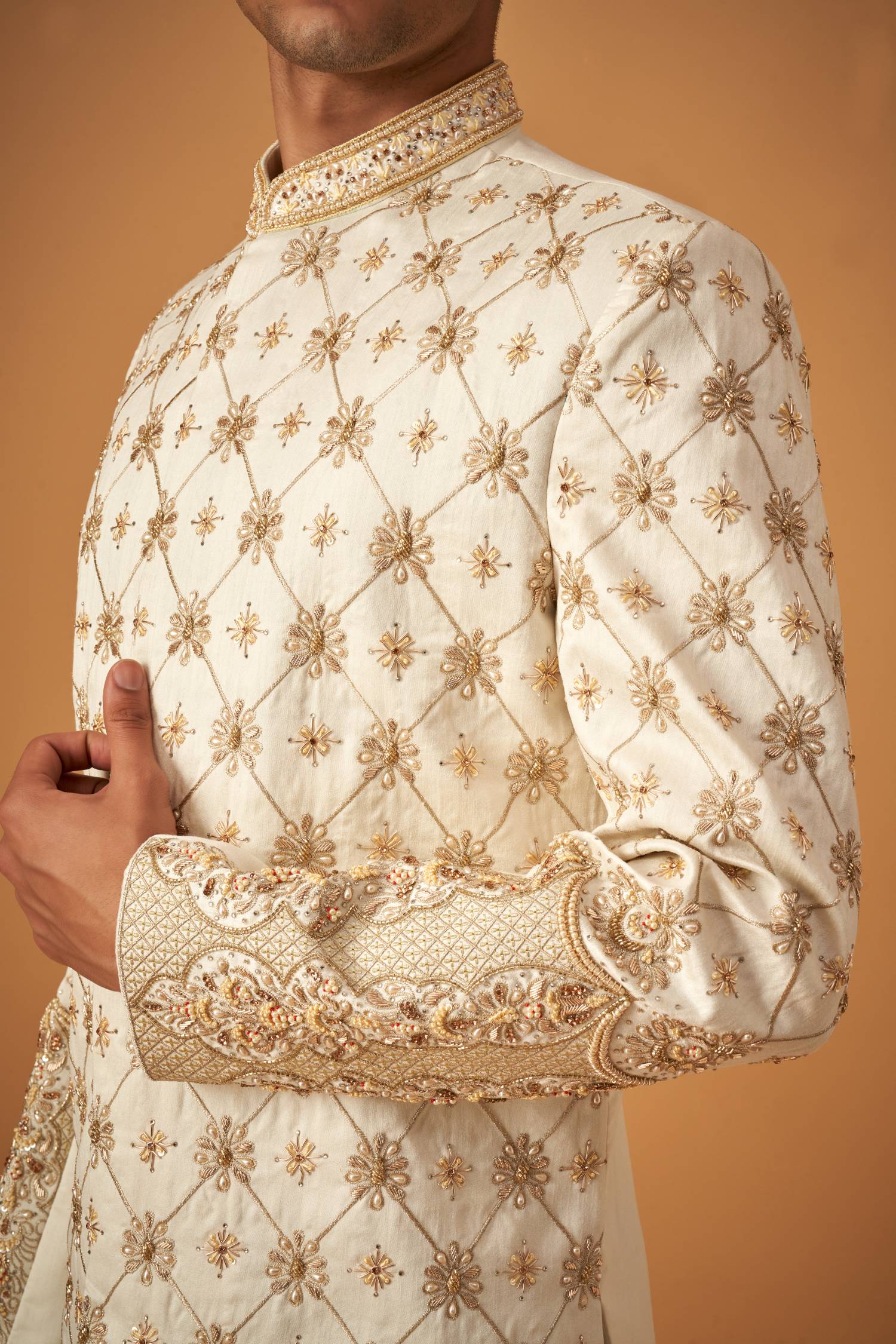 Olive Floral Embroidered Sherwani Set With Hand Work