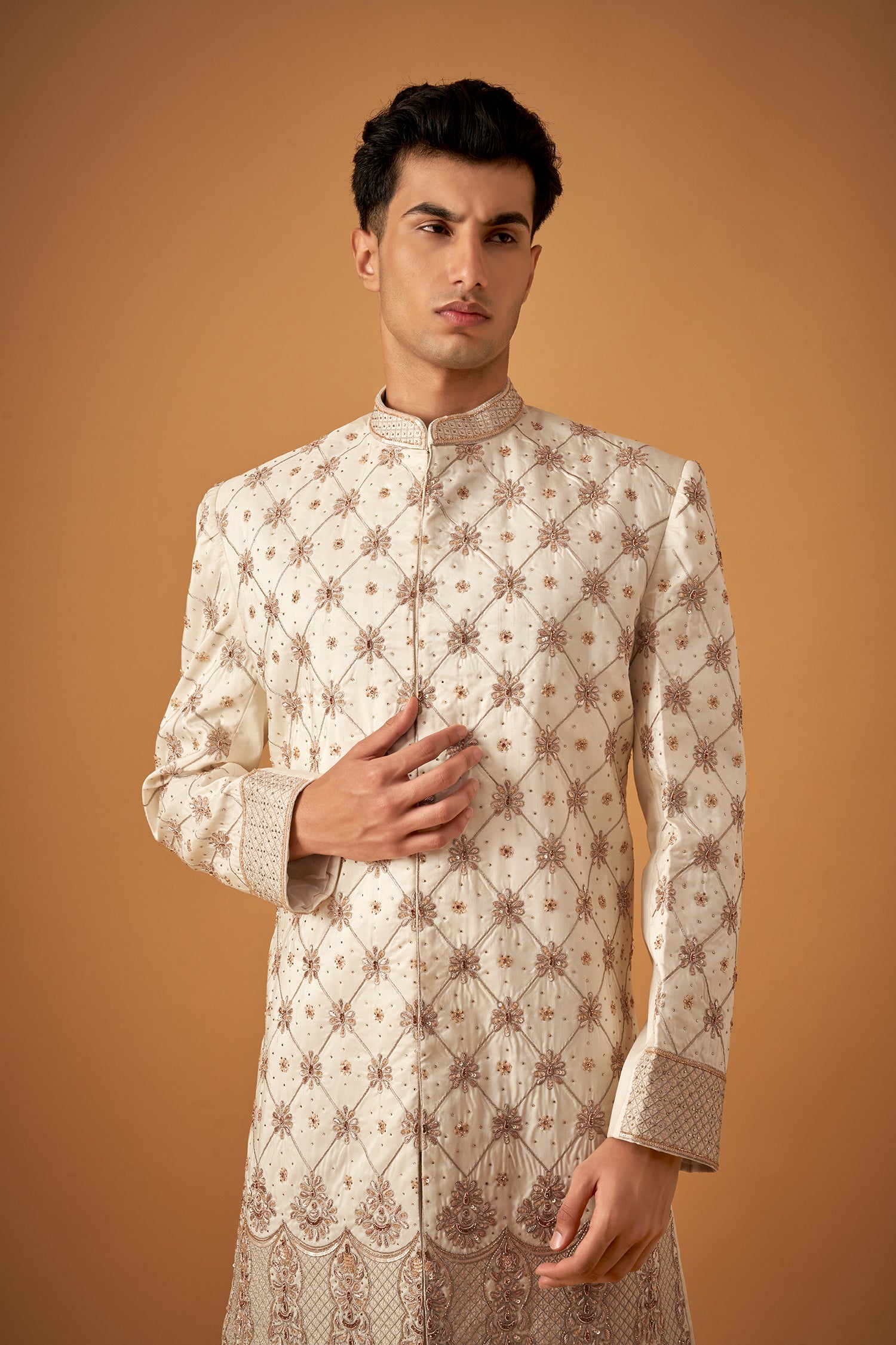 Pink Floral Embroidered Sherwani Set With Hand Work
