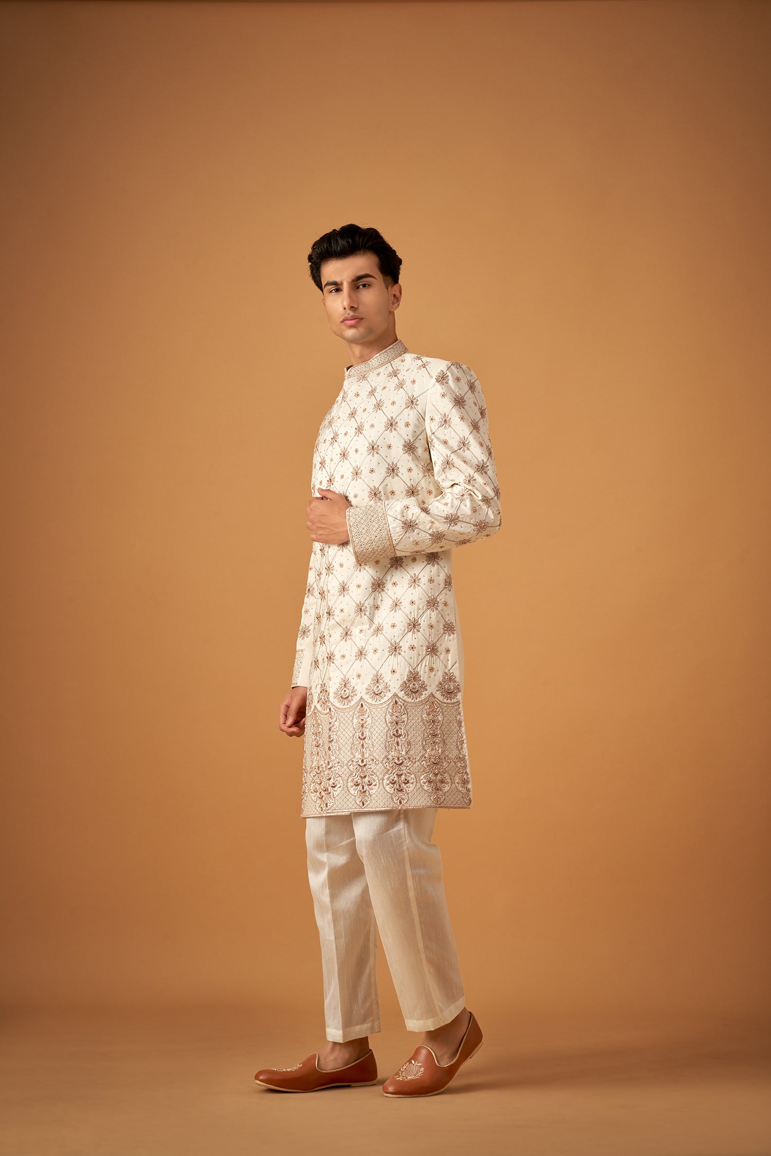 Pink Floral Embroidered Sherwani Set With Hand Work
