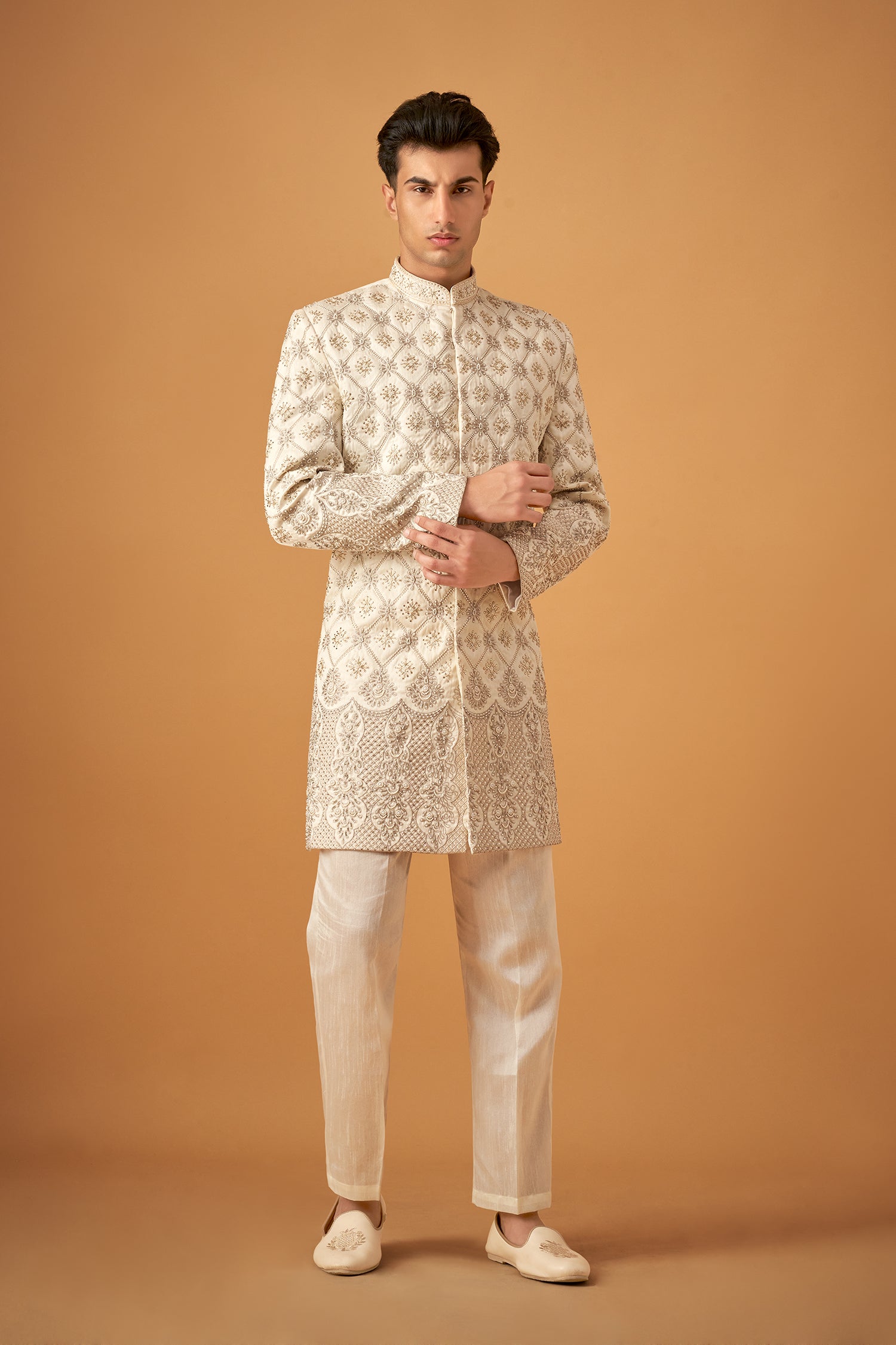 Offwhite Floral Embroidered Sherwani With Handwork