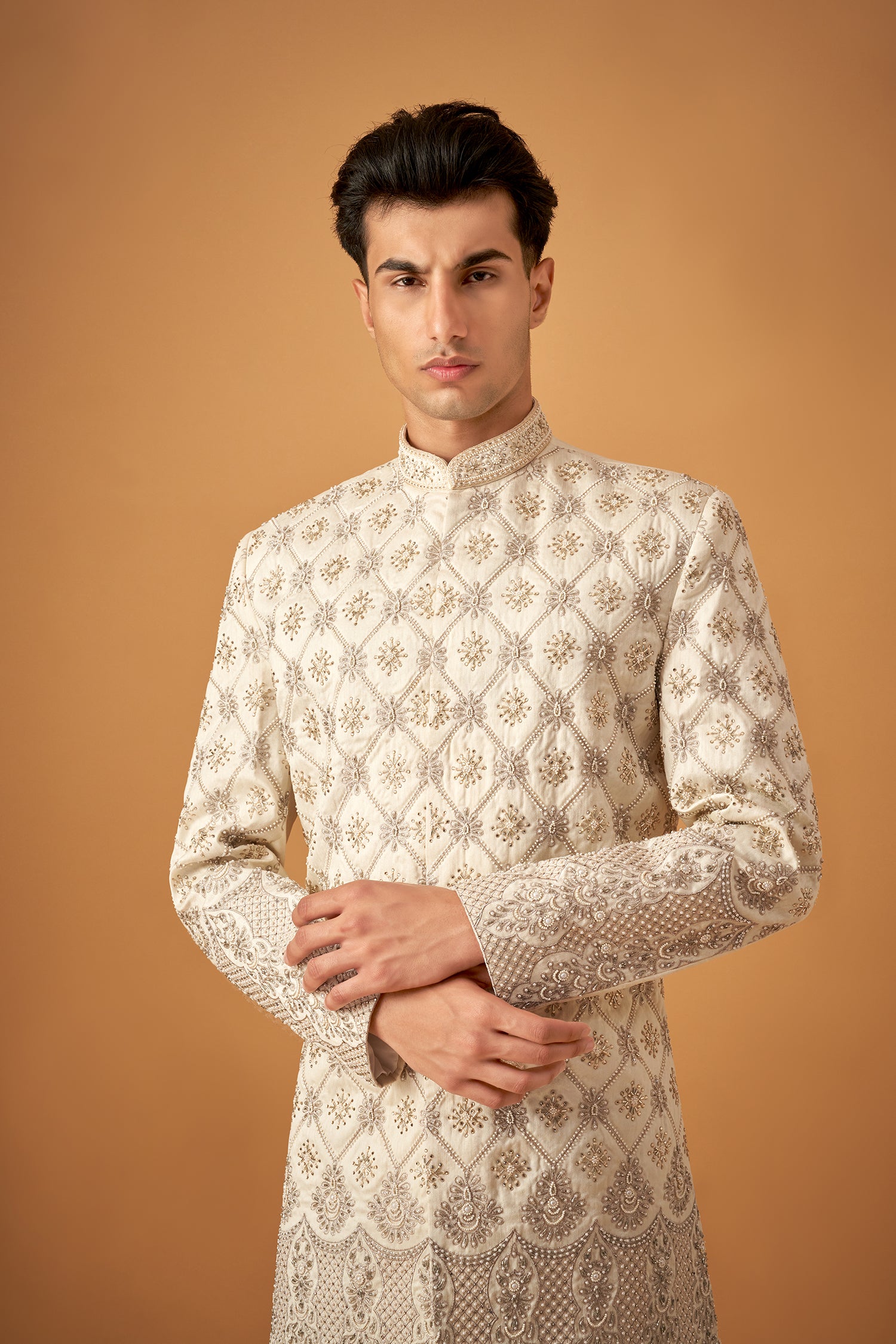 Offwhite Floral Embroidered Sherwani With Handwork