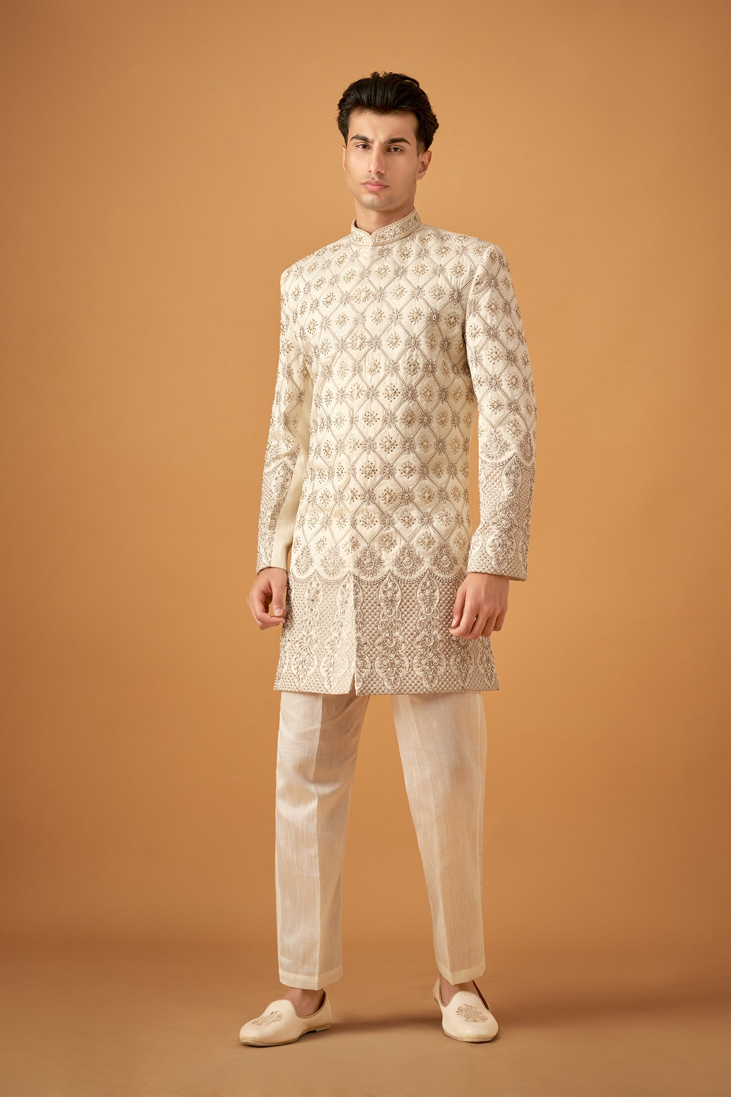 Offwhite Floral Embroidered Sherwani With Handwork
