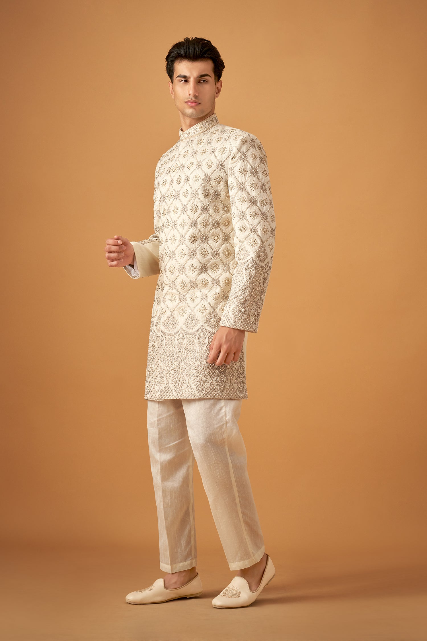 Offwhite Floral Embroidered Sherwani With Handwork