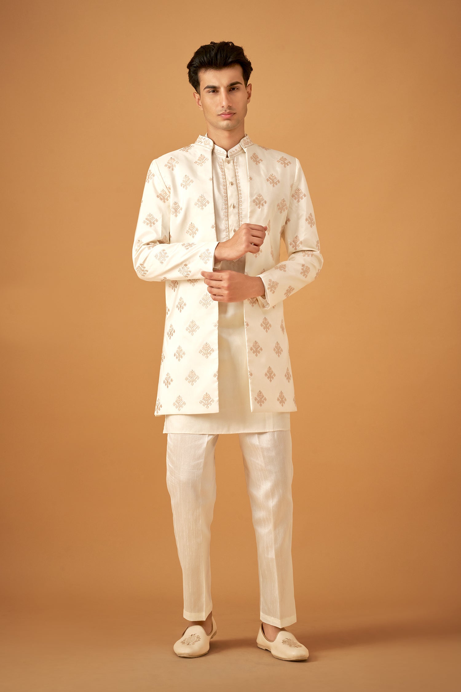 Offwhite Embroidered Sherwani Jacket And Kurta Set