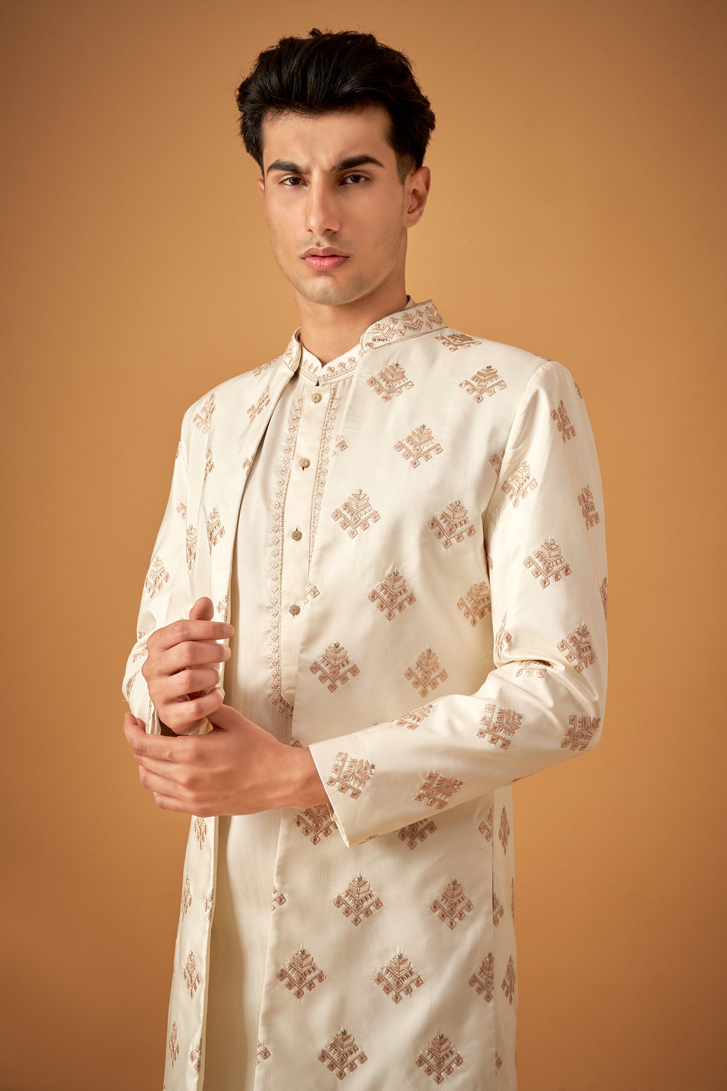 Offwhite Embroidered Sherwani Jacket And Kurta Set