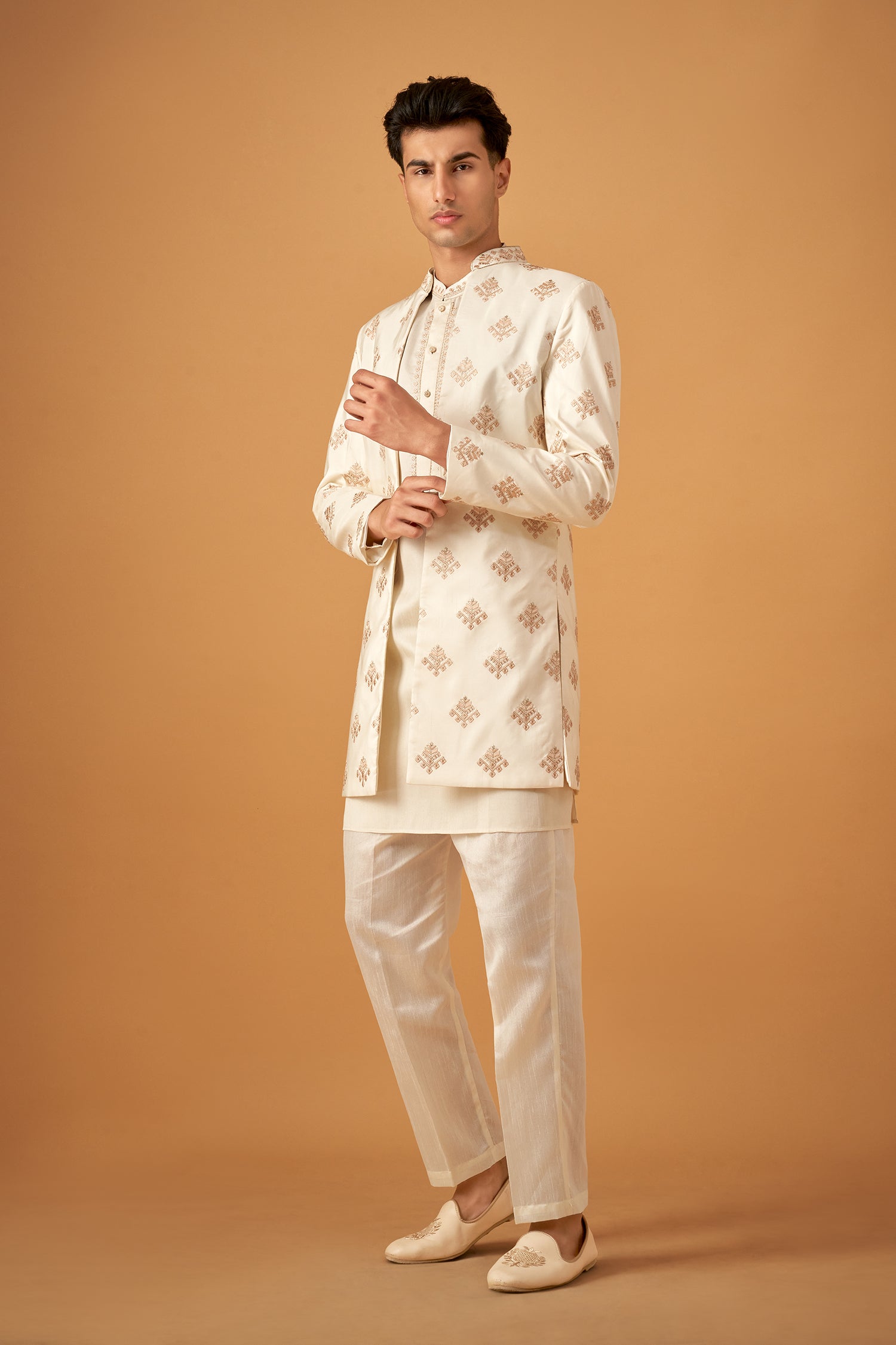 Offwhite Embroidered Sherwani Jacket And Kurta Set