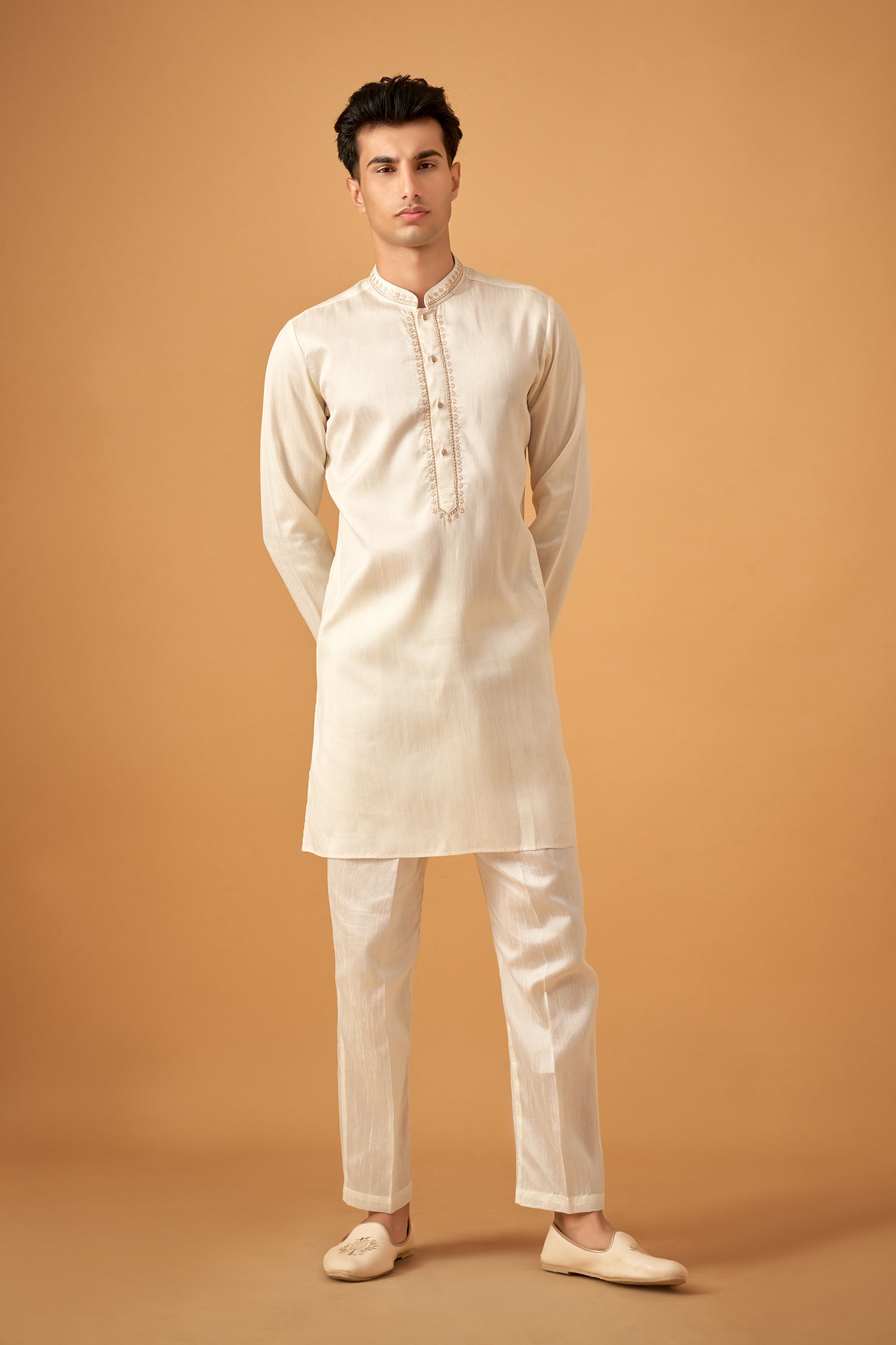 Offwhite Embroidered Sherwani Jacket And Kurta Set