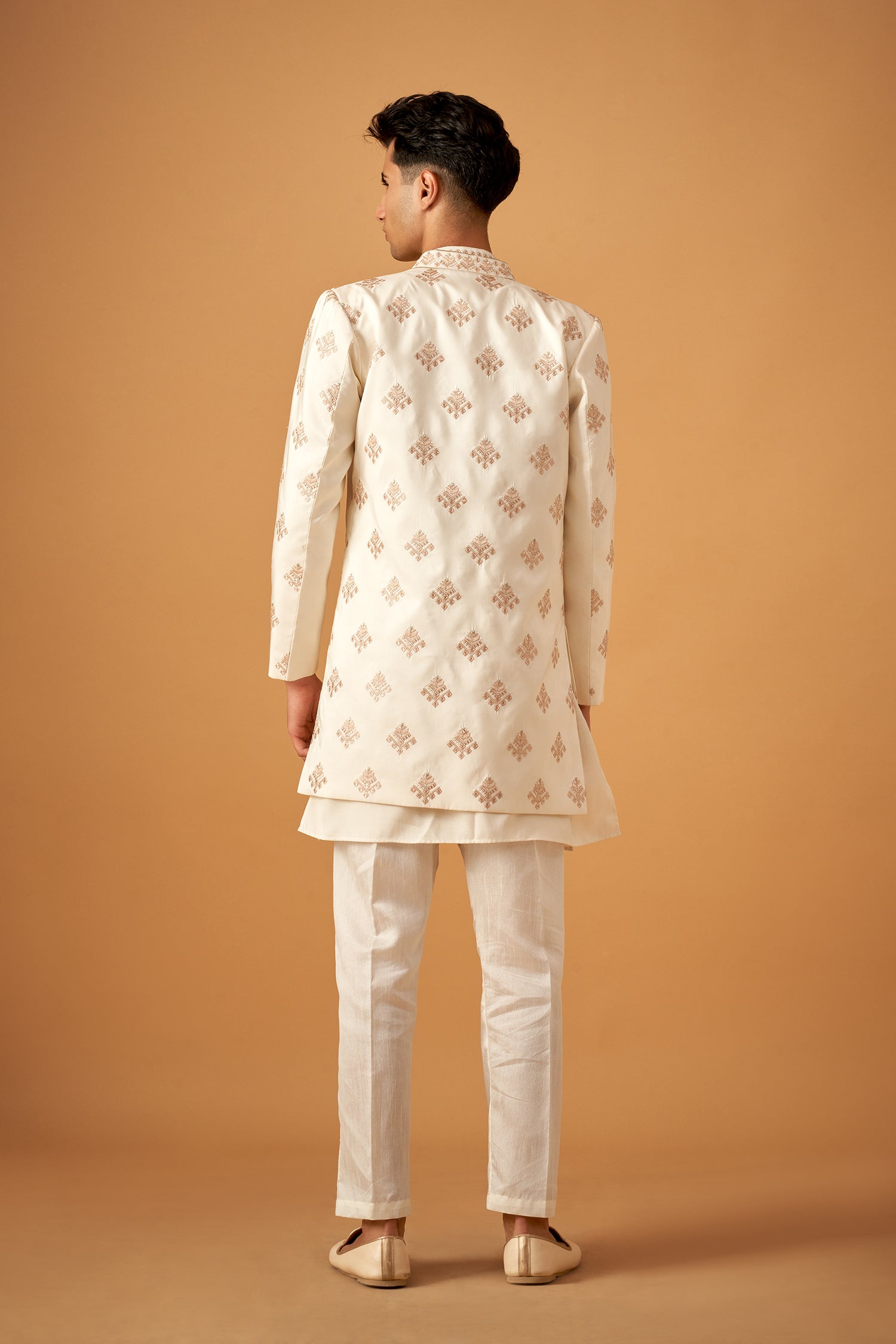 Offwhite Embroidered Sherwani Jacket And Kurta Set