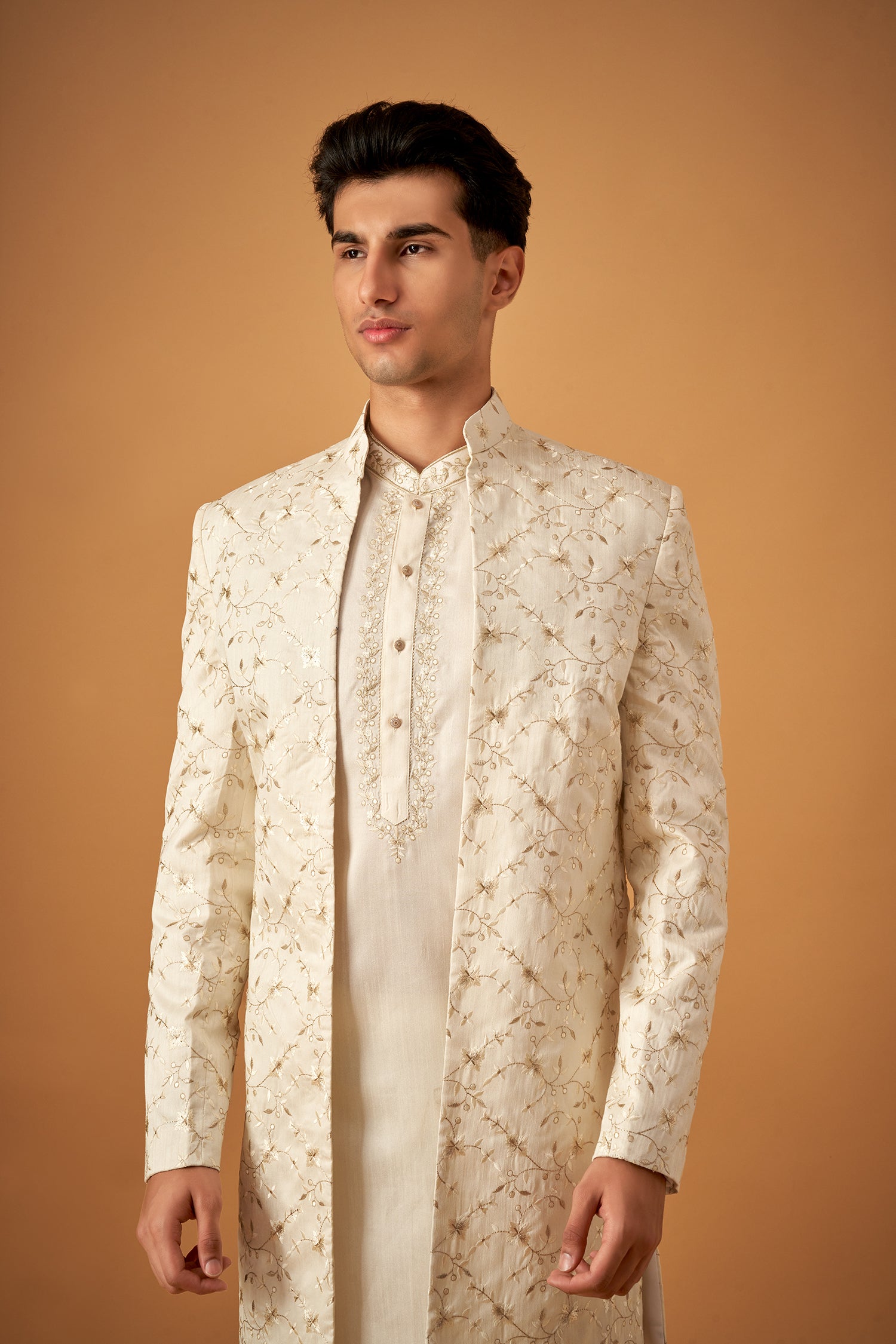 Offwhite Embroidered Floral Sherwani Jacket And Kurta Set