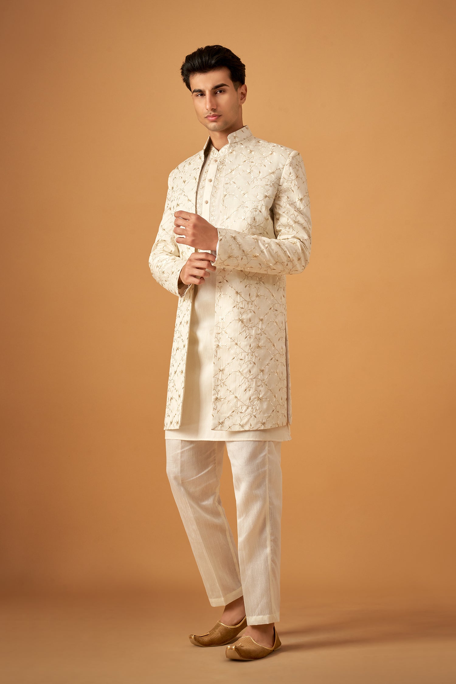 Offwhite Embroidered Floral Sherwani Jacket And Kurta Set