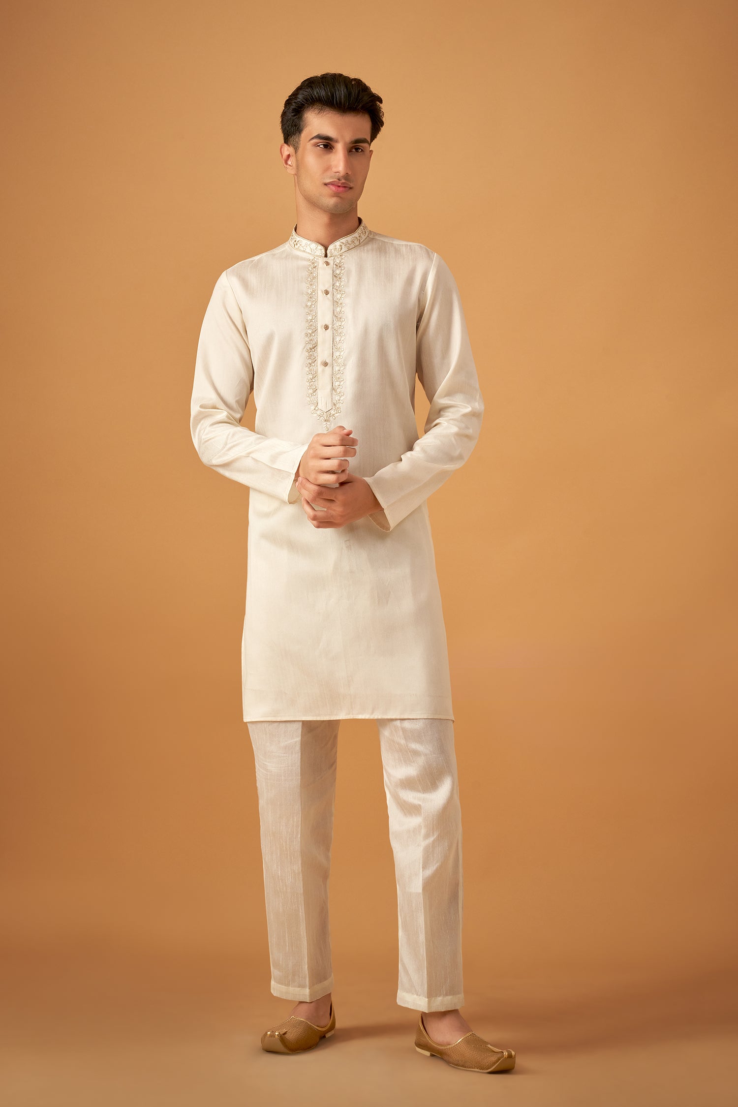 Offwhite Embroidered Floral Sherwani Jacket And Kurta Set