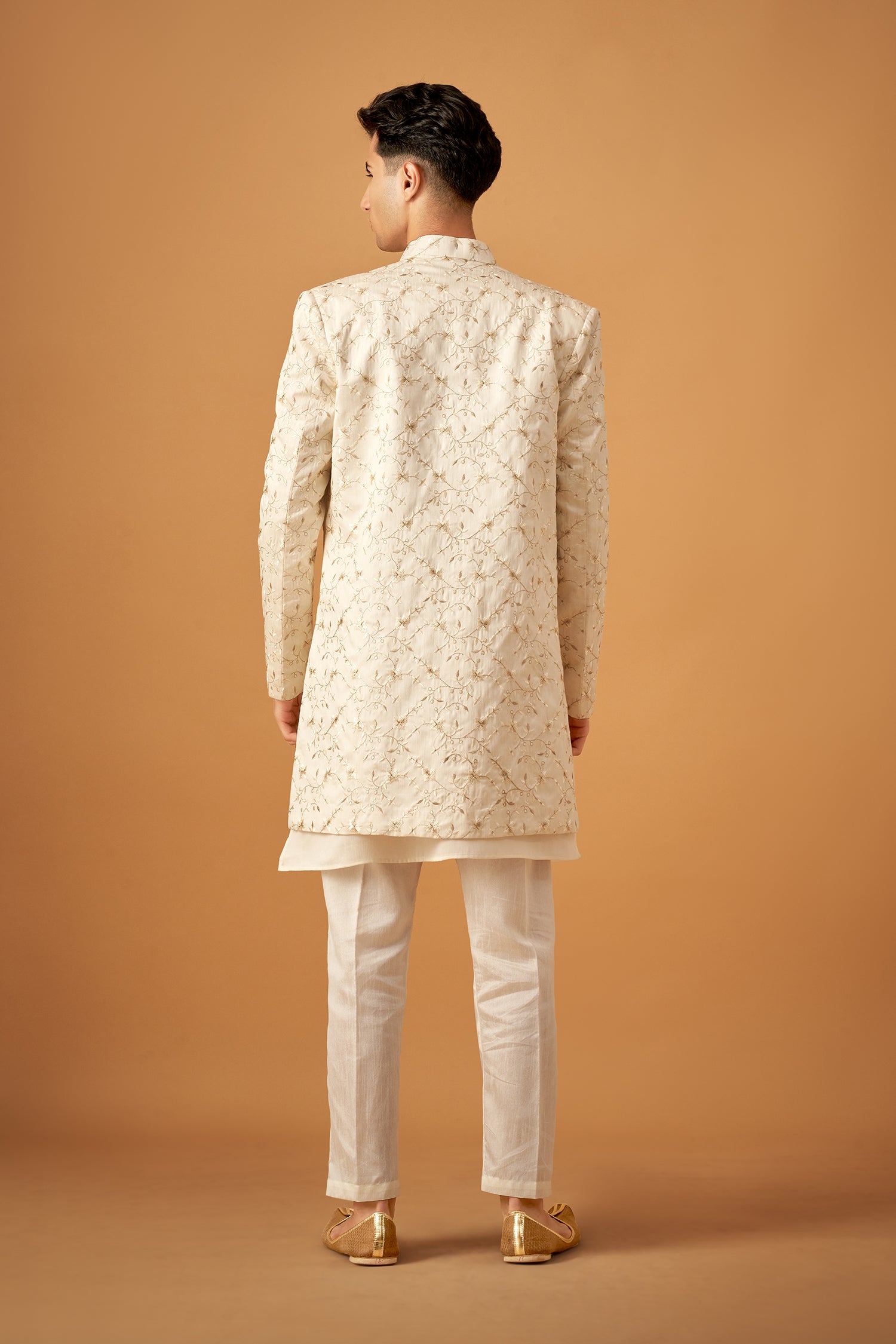 Offwhite Embroidered Floral Sherwani Jacket And Kurta Set