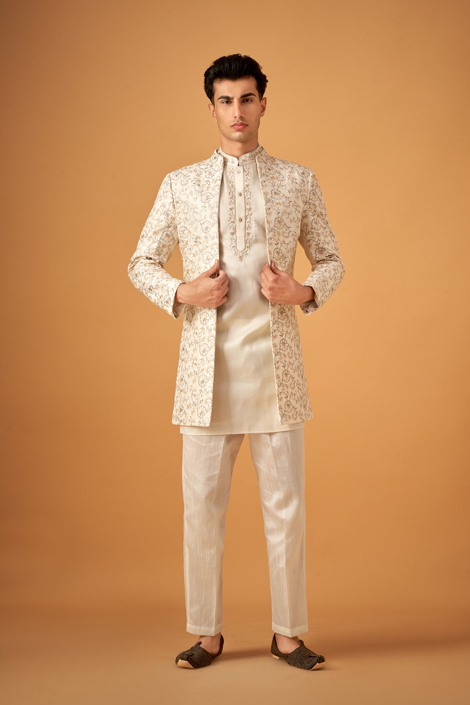 White Embroidered Floral Sherwani Jacket And Kurta Set