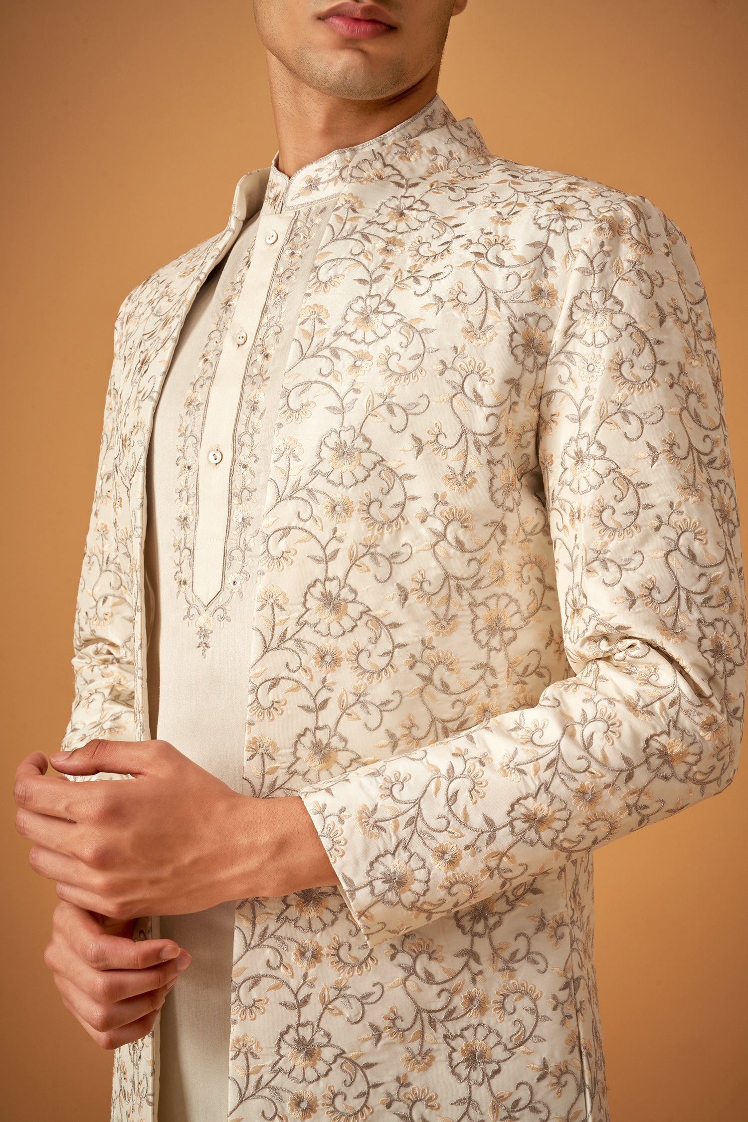White Embroidered Floral Sherwani Jacket And Kurta Set