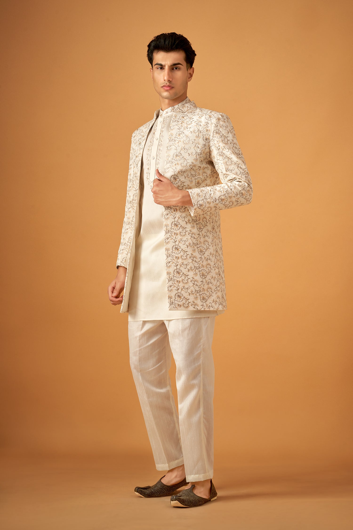 White Embroidered Floral Sherwani Jacket And Kurta Set
