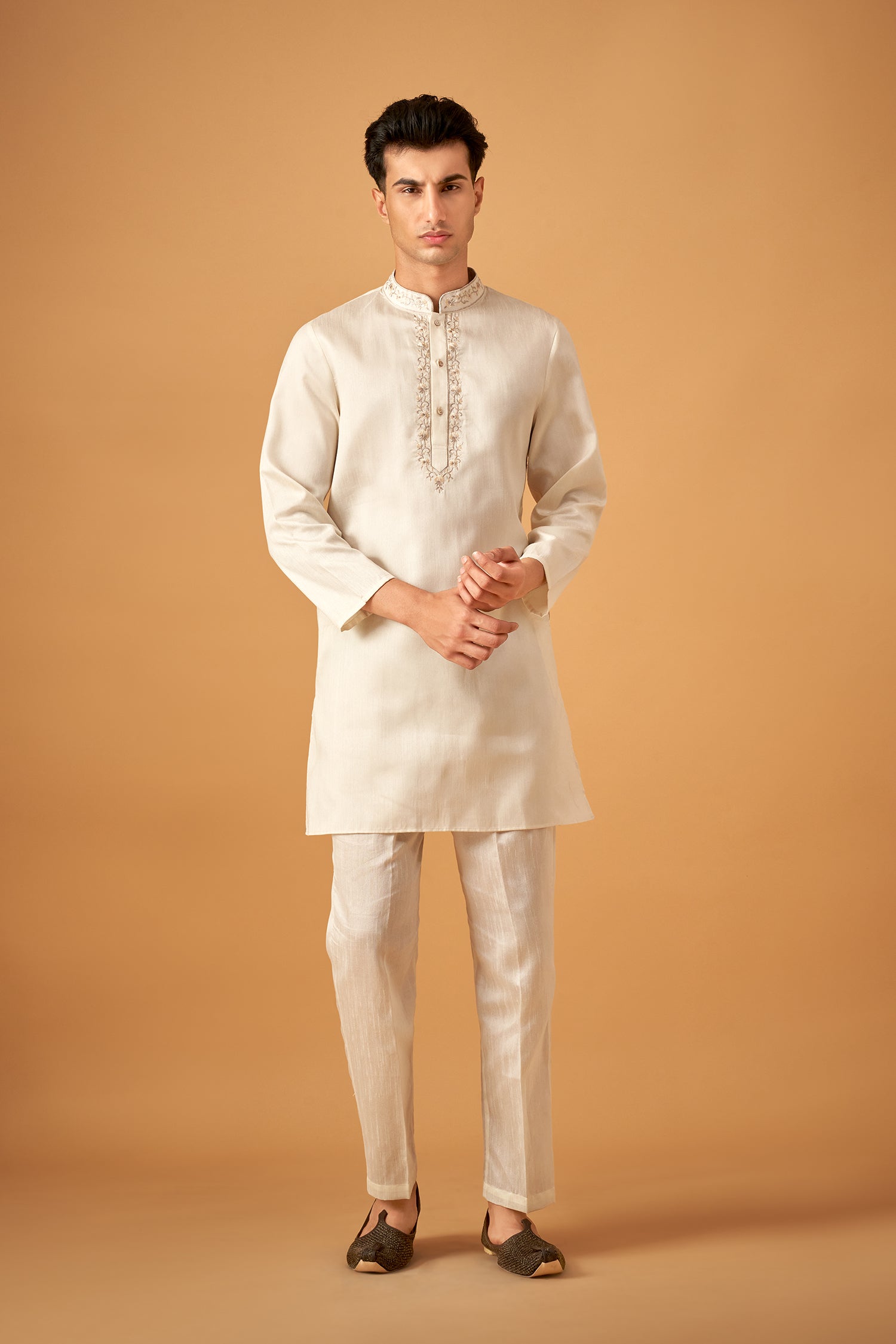 White Embroidered Floral Sherwani Jacket And Kurta Set