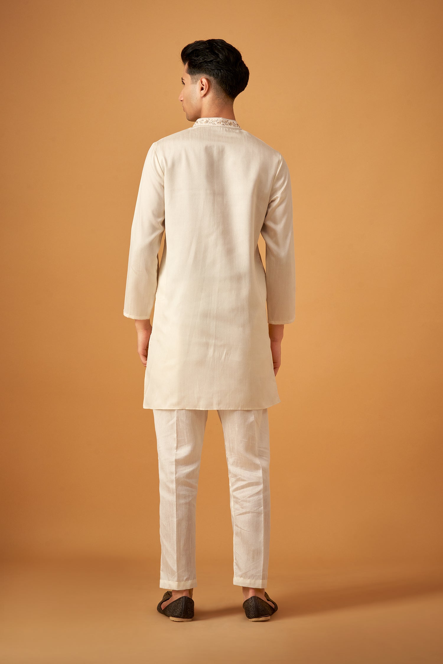 White Embroidered Floral Sherwani Jacket And Kurta Set
