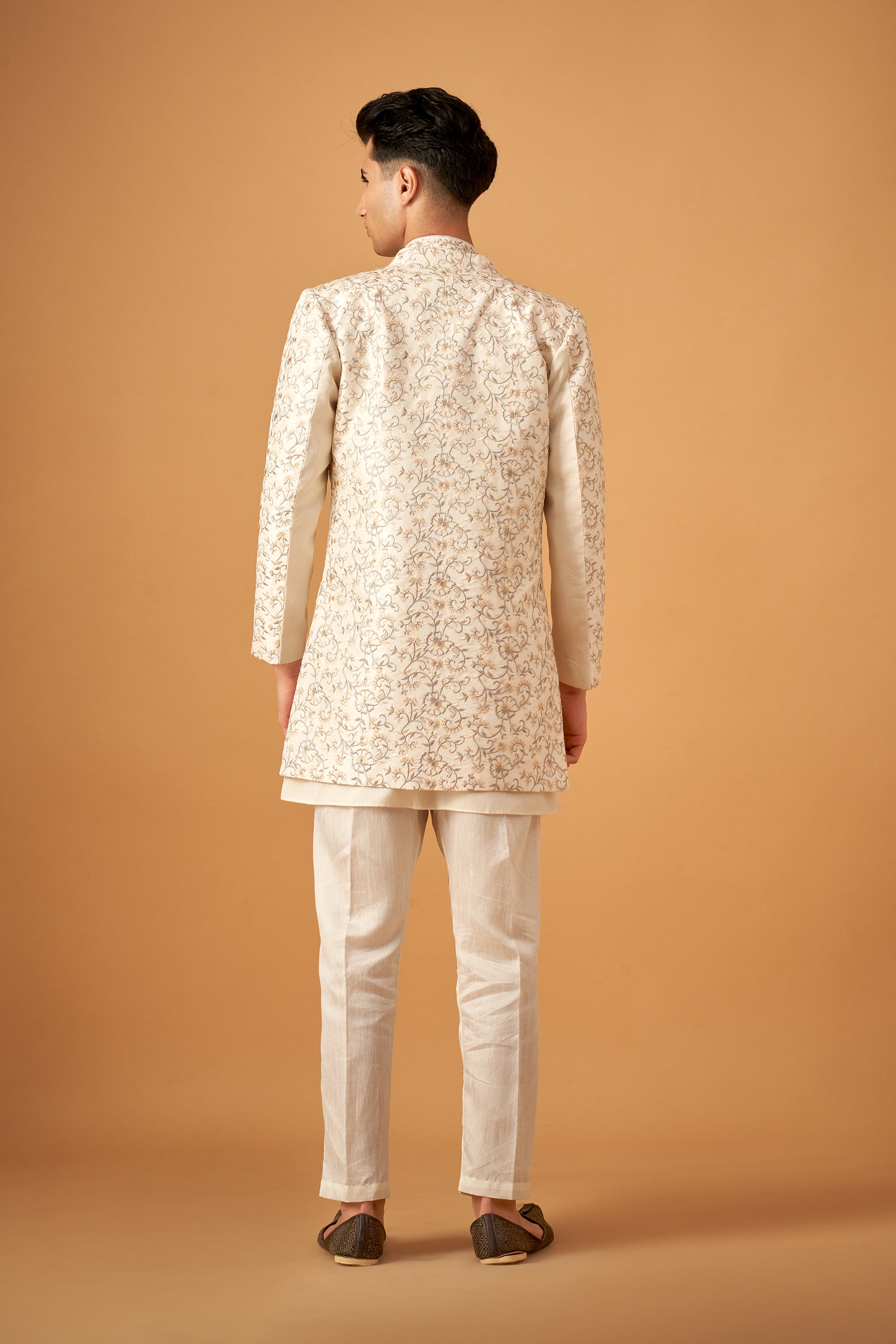 White Embroidered Floral Sherwani Jacket And Kurta Set