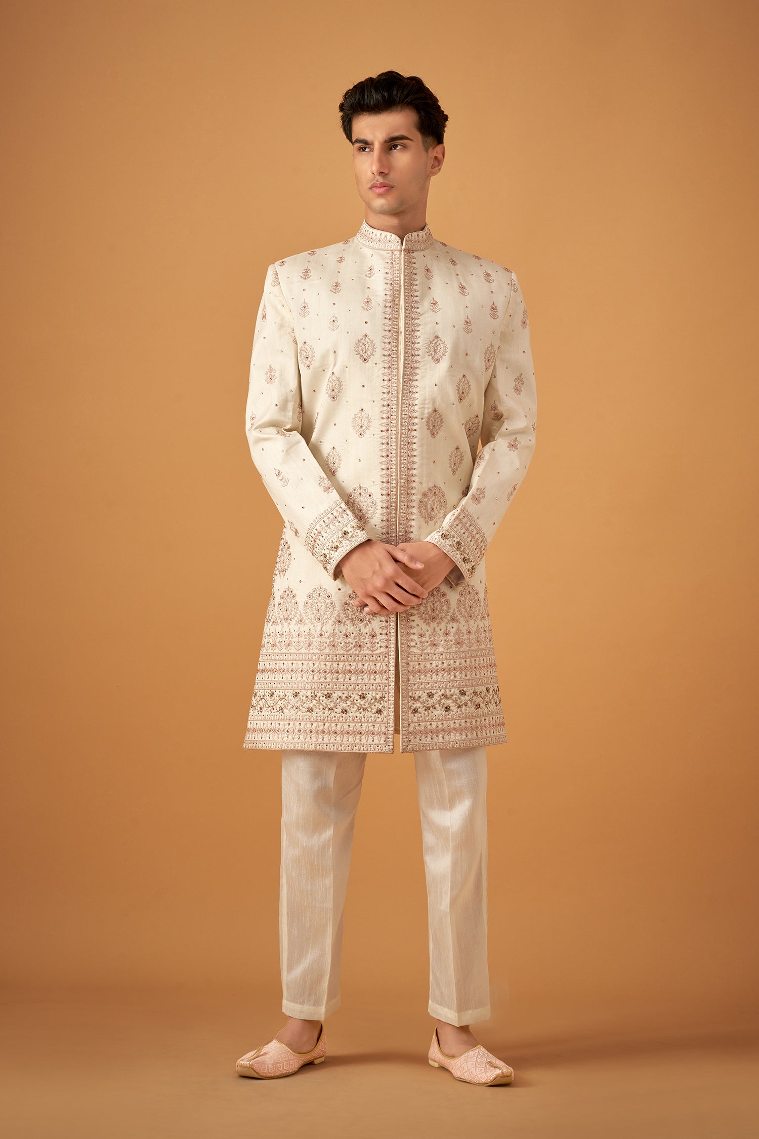 Snow White Embroidered Sherwani With Handwork