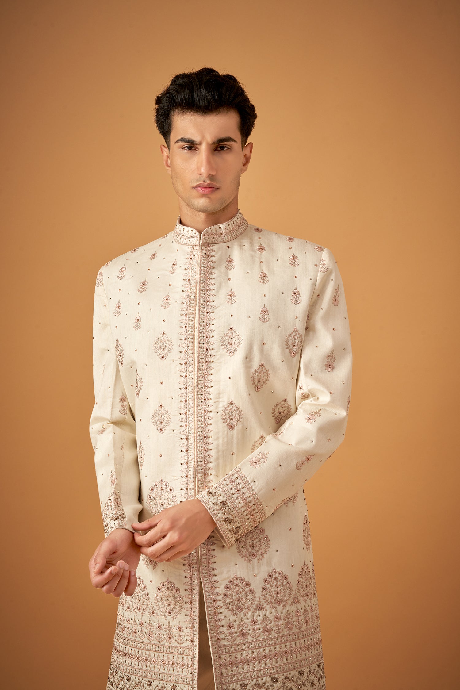 Snow White Embroidered Sherwani With Handwork