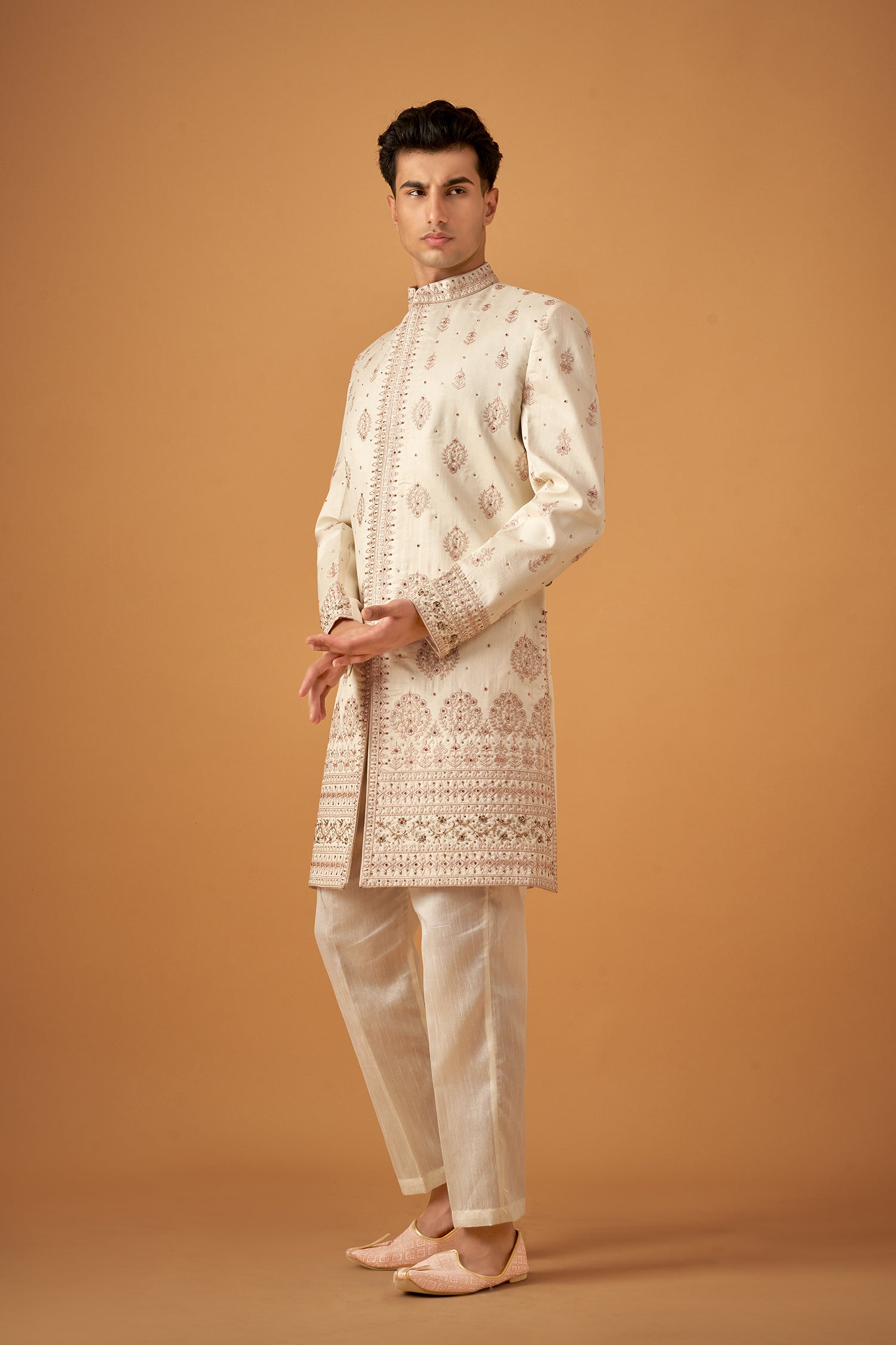 Snow White Embroidered Sherwani With Handwork