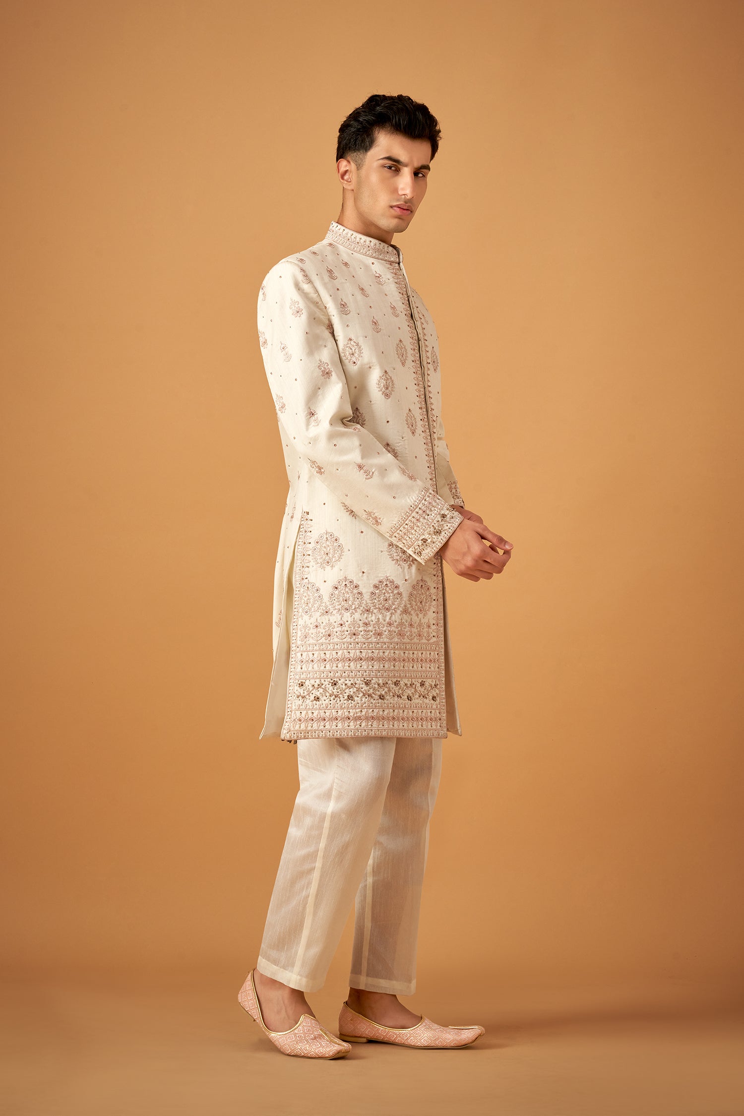 Snow White Embroidered Sherwani With Handwork