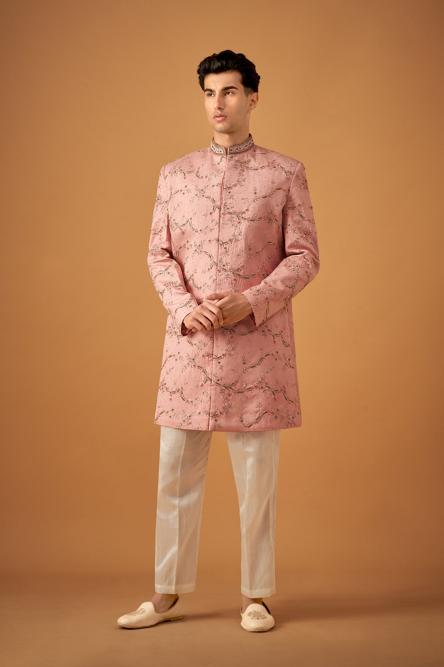 Dusty Rose Sherwani With Handwork Embellishments