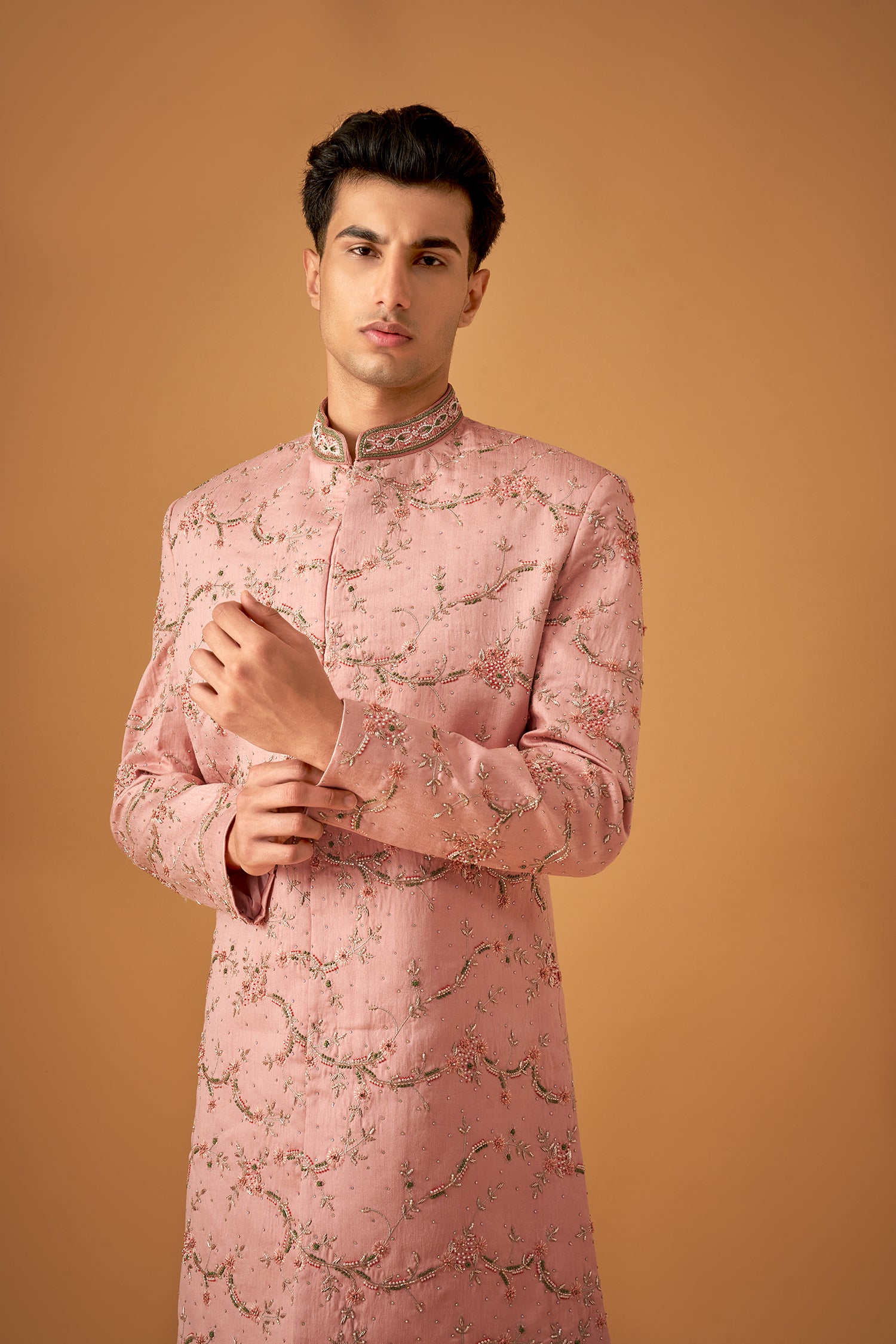 Dusty Rose Sherwani With Handwork Embellishments