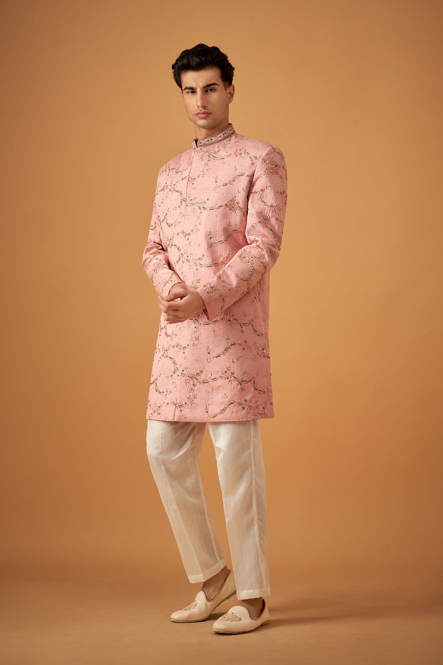 Dusty Rose Sherwani With Handwork Embellishments