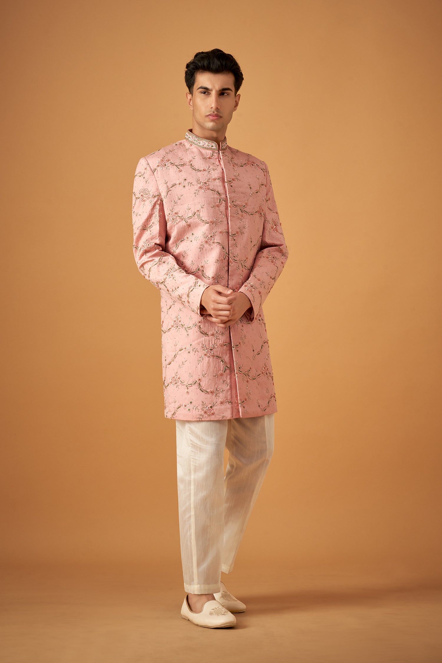 Dusty Rose Sherwani With Handwork Embellishments