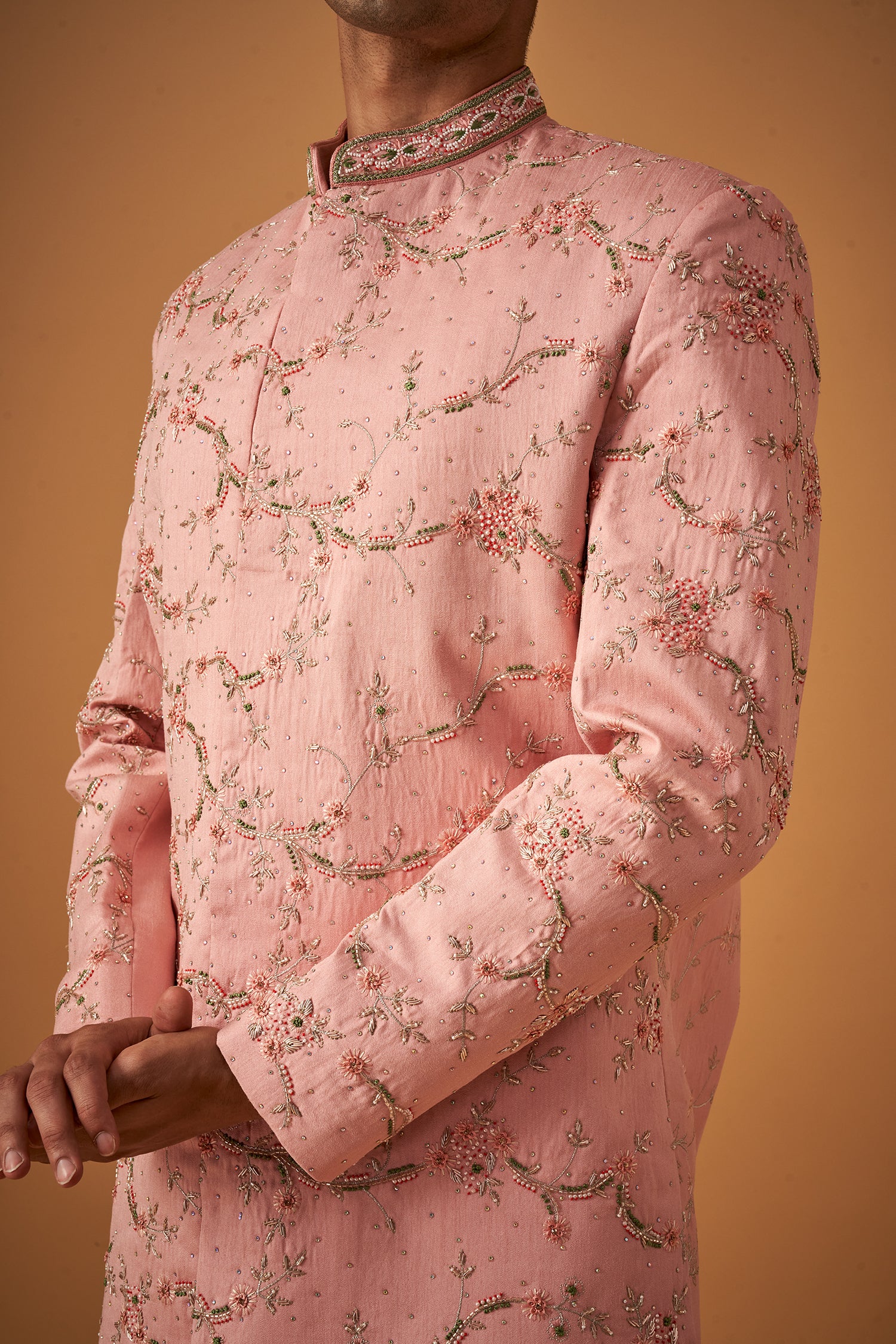 Dusty Rose Sherwani With Handwork Embellishments