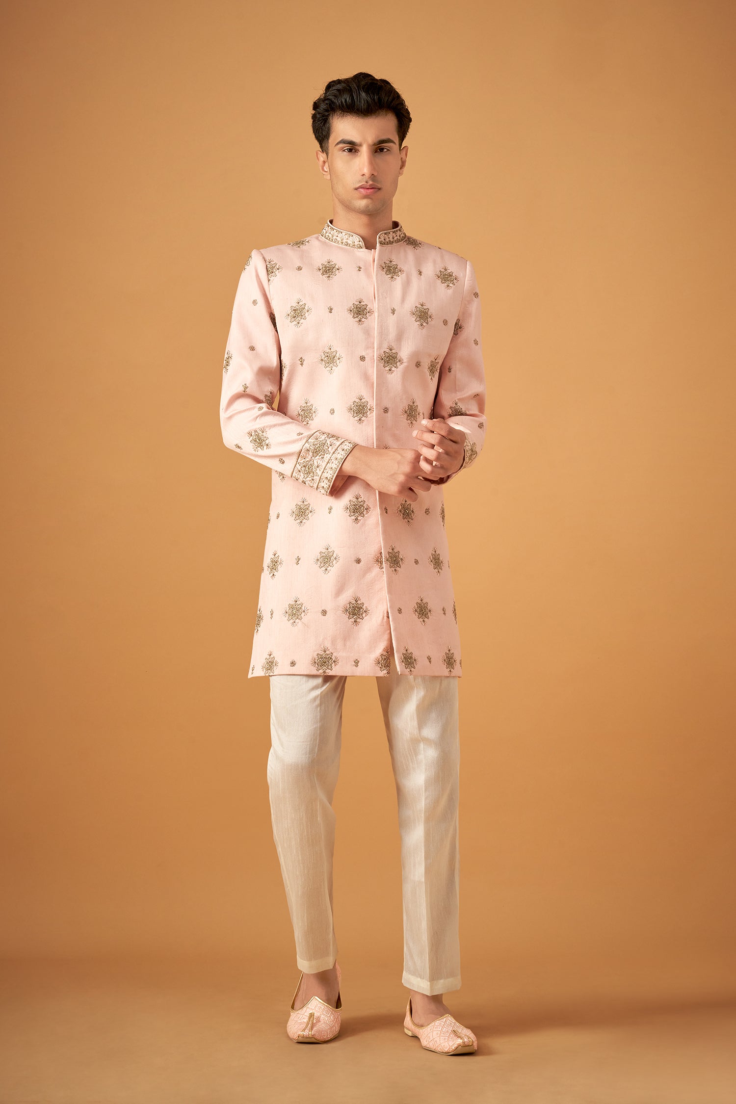 Peach Embroidered Sherwani With Hand Work
